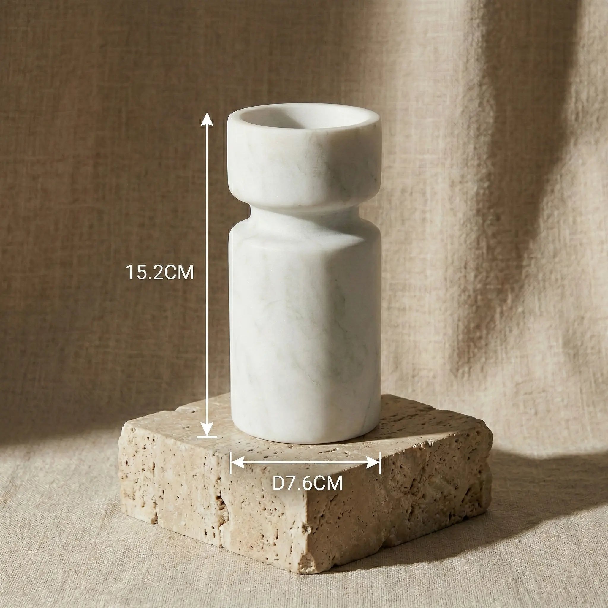 Cylindrical Monolith Pillar white stone candle holder with precise dimensions and scale