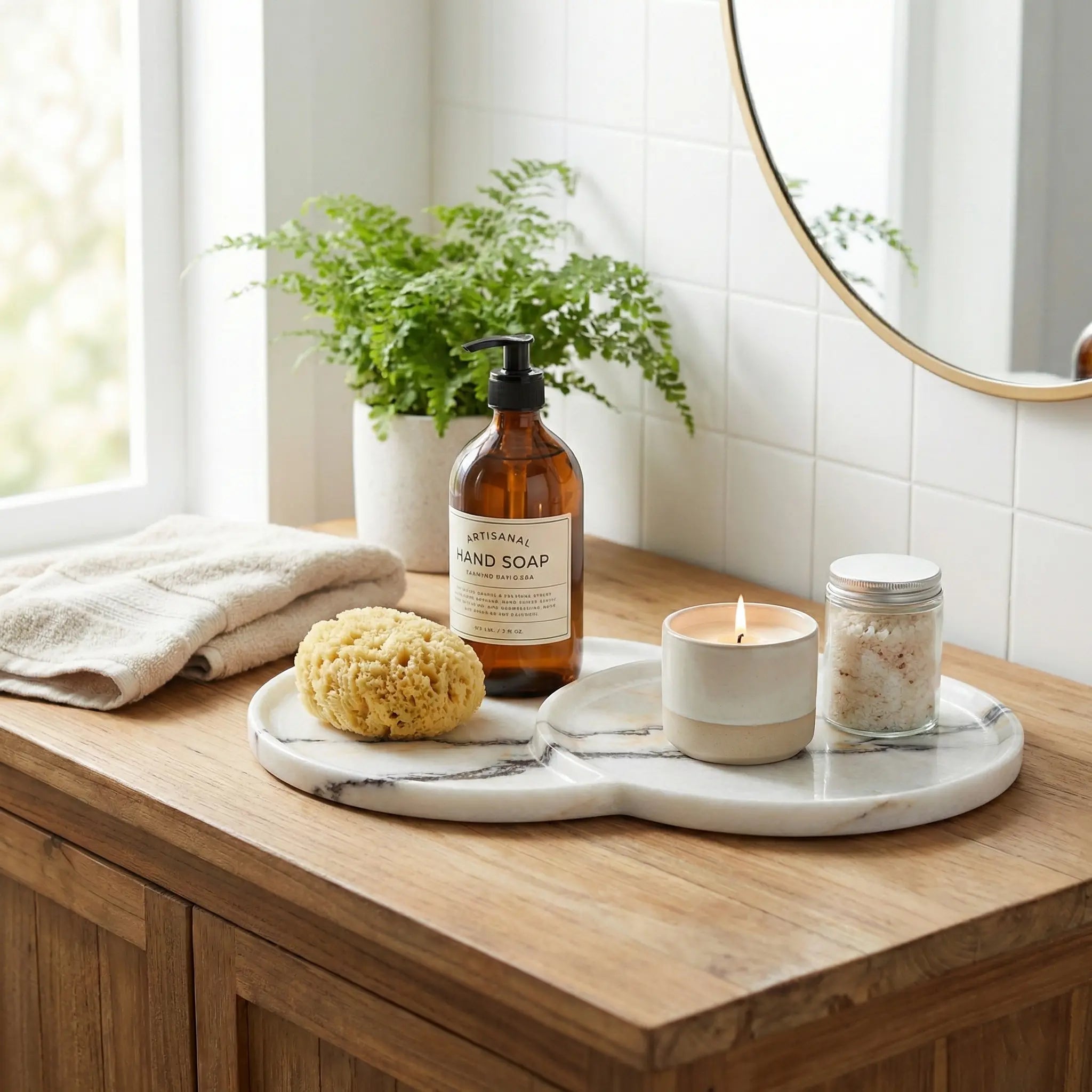 Duet Plateau Stage natural stone tray used as a bathroom vanity organizer with lifestyle decor