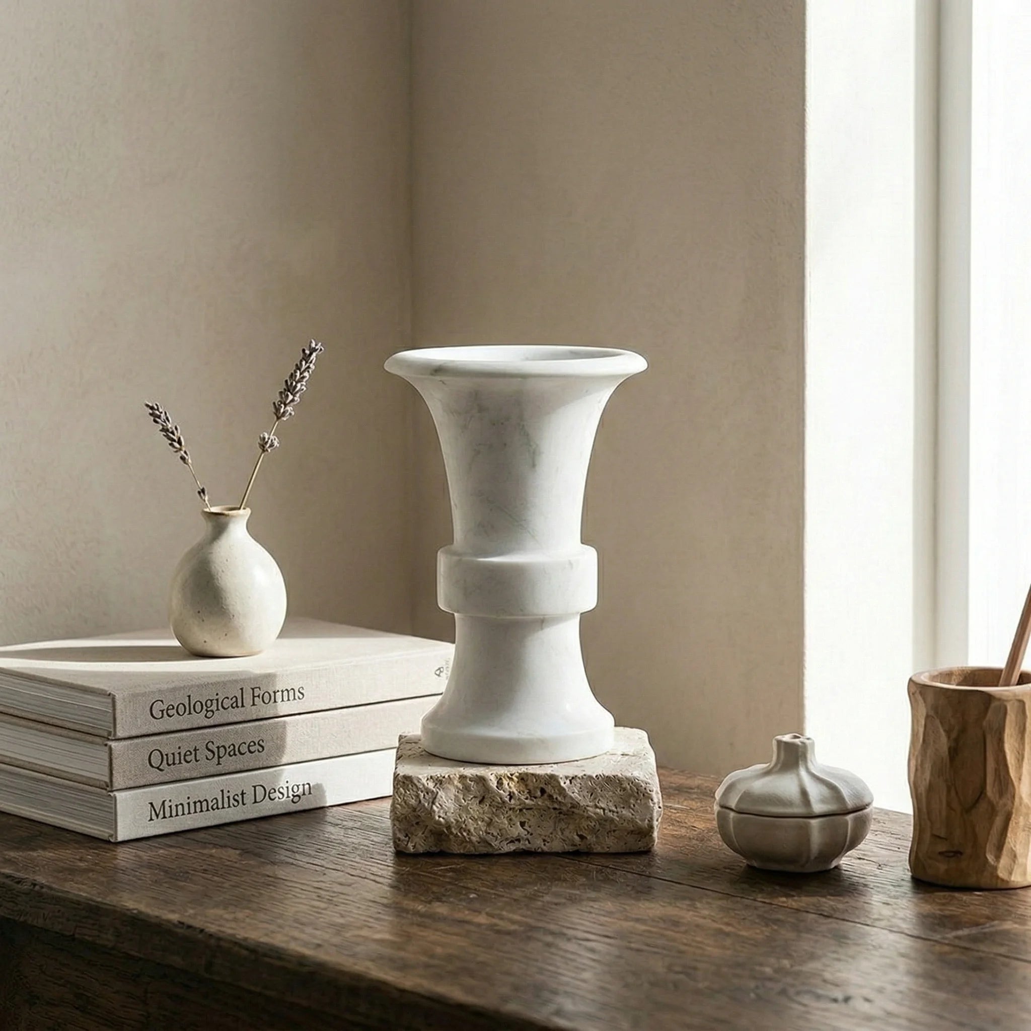 Floral Monolith Pillar natural stone pedestal used as a minimalist home decor accent