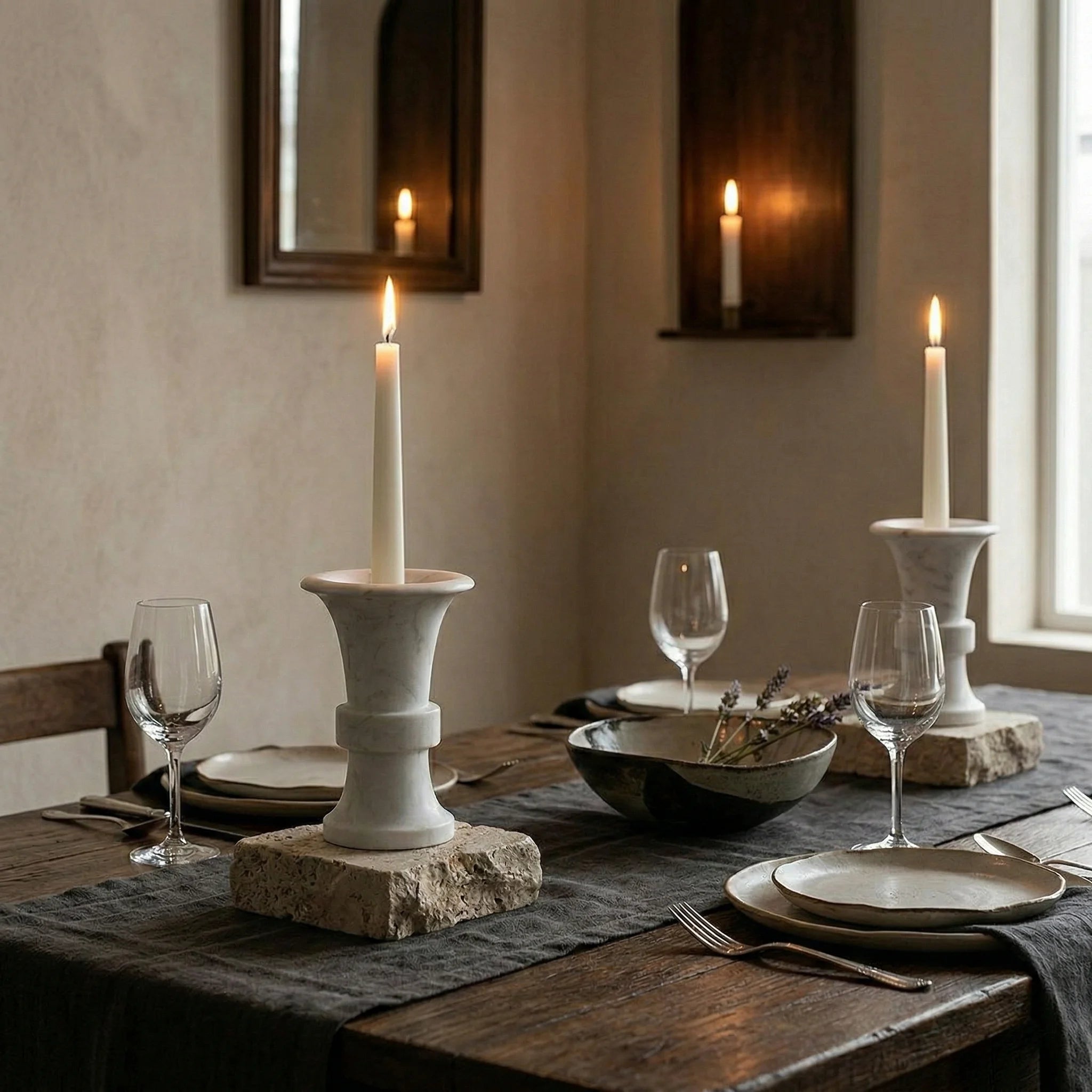 Floral Monolith Pillar white stone candle holders on a dining table for elegant tabletop lifestyle