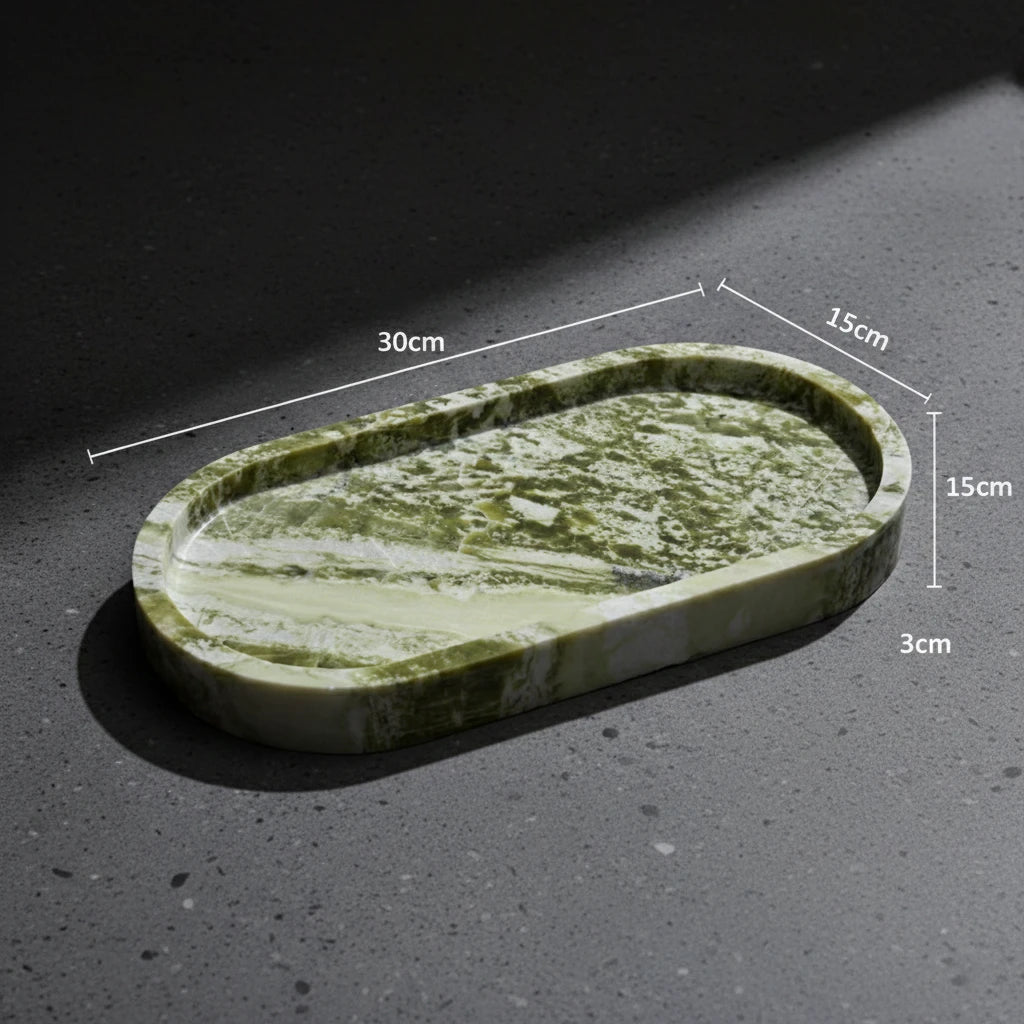 Forest Green Oval Platter marble stone tray with precise 30cm length and width dimensions guide