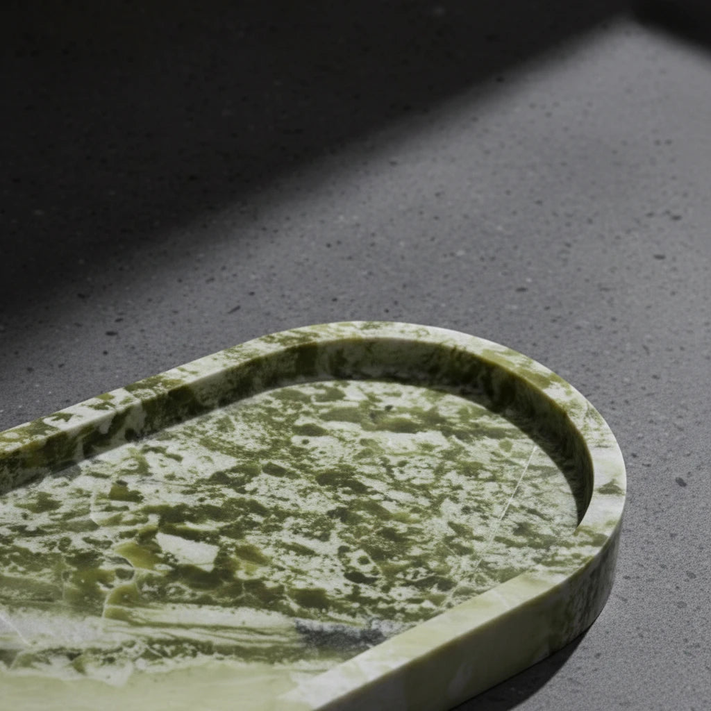 Close-up of Forest Green Oval Platter highlighting the intricate natural green marble texture