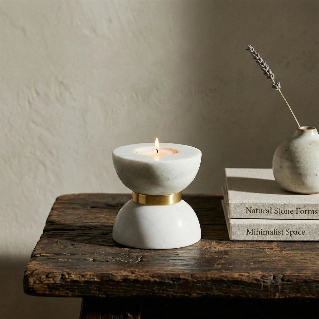 Funnel Monolith Pillar white stone candle holder on a rustic wooden desk with books and lavender