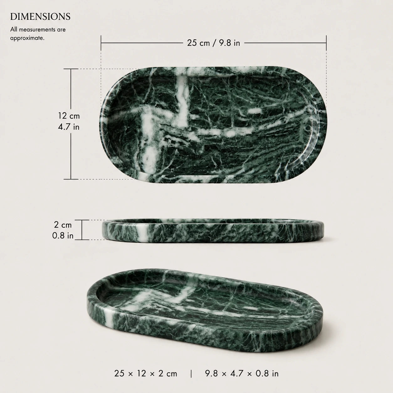 Dimensions of a green marble tray measuring 25 × 12 × 2 cm (9.8 × 4.7 × 0.8 in), shown from top, side, and angled views.