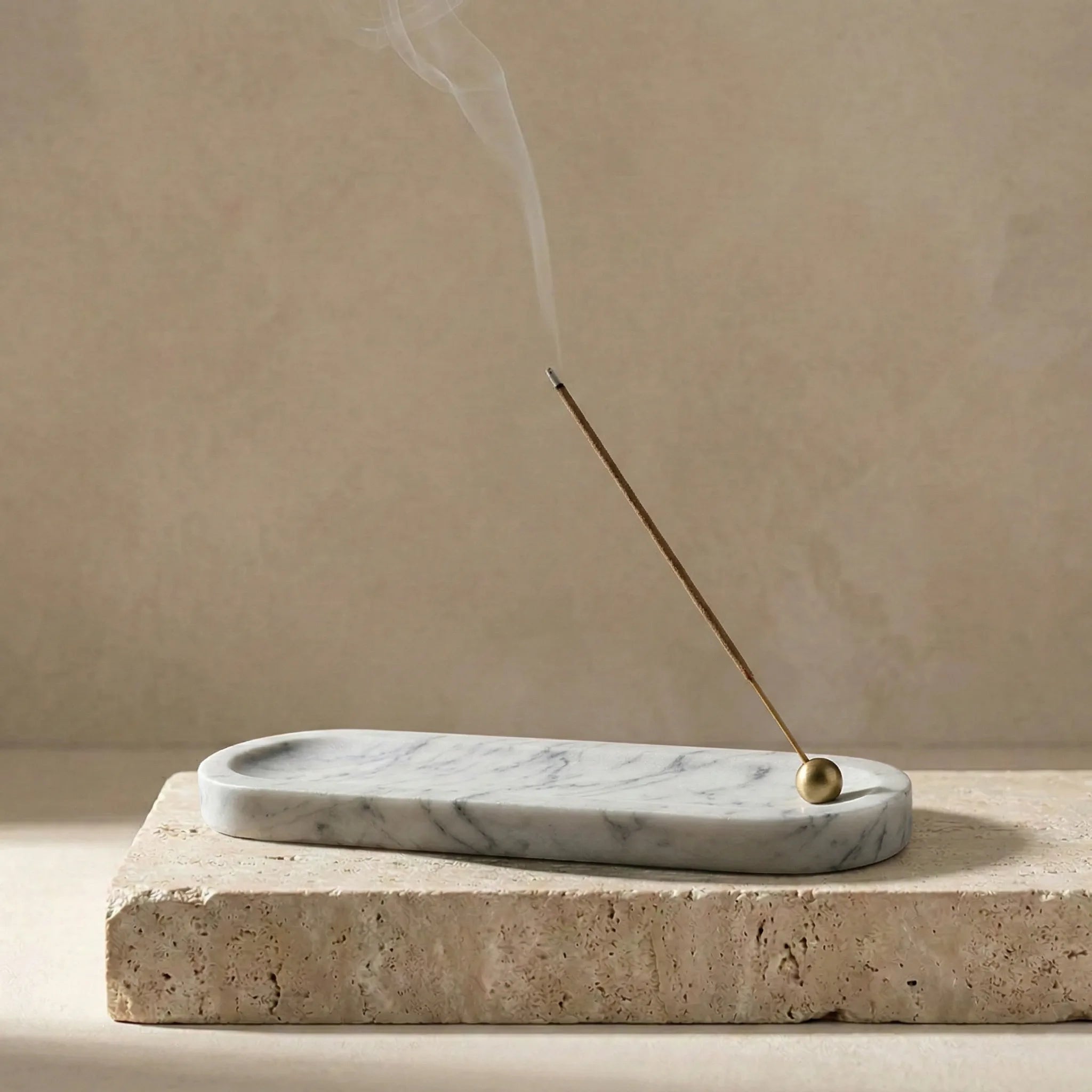 Linear Monolith Relic 100% natural white marble stone incense tray with long oval shape