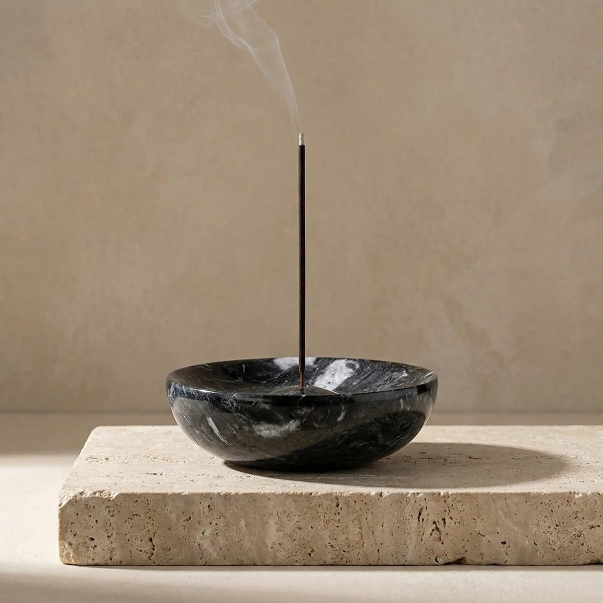Marble Incense Bowl handcrafted from 100% natural black stone with a burning incense stick