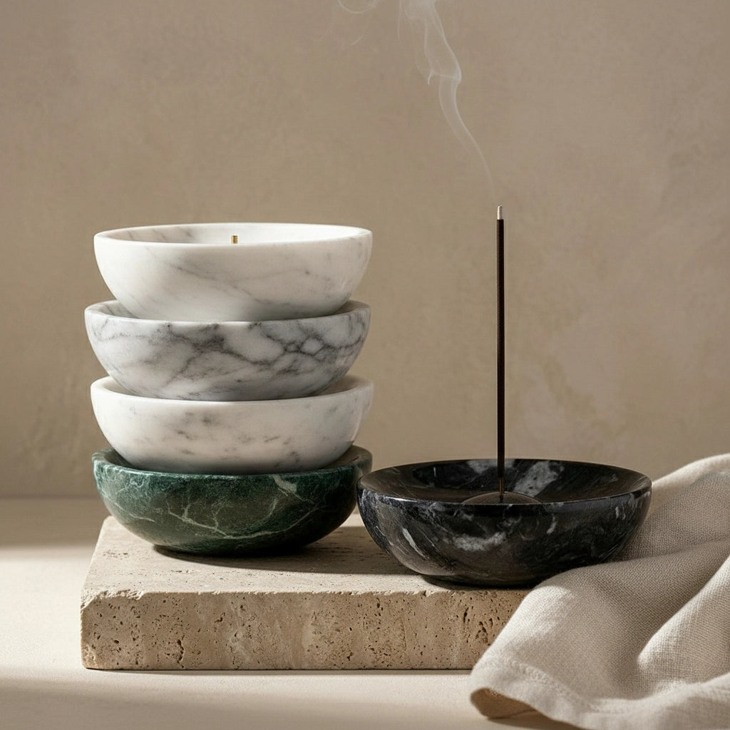 Marble Incense Bowl collection featuring a stack of multi-colored natural stone bowls