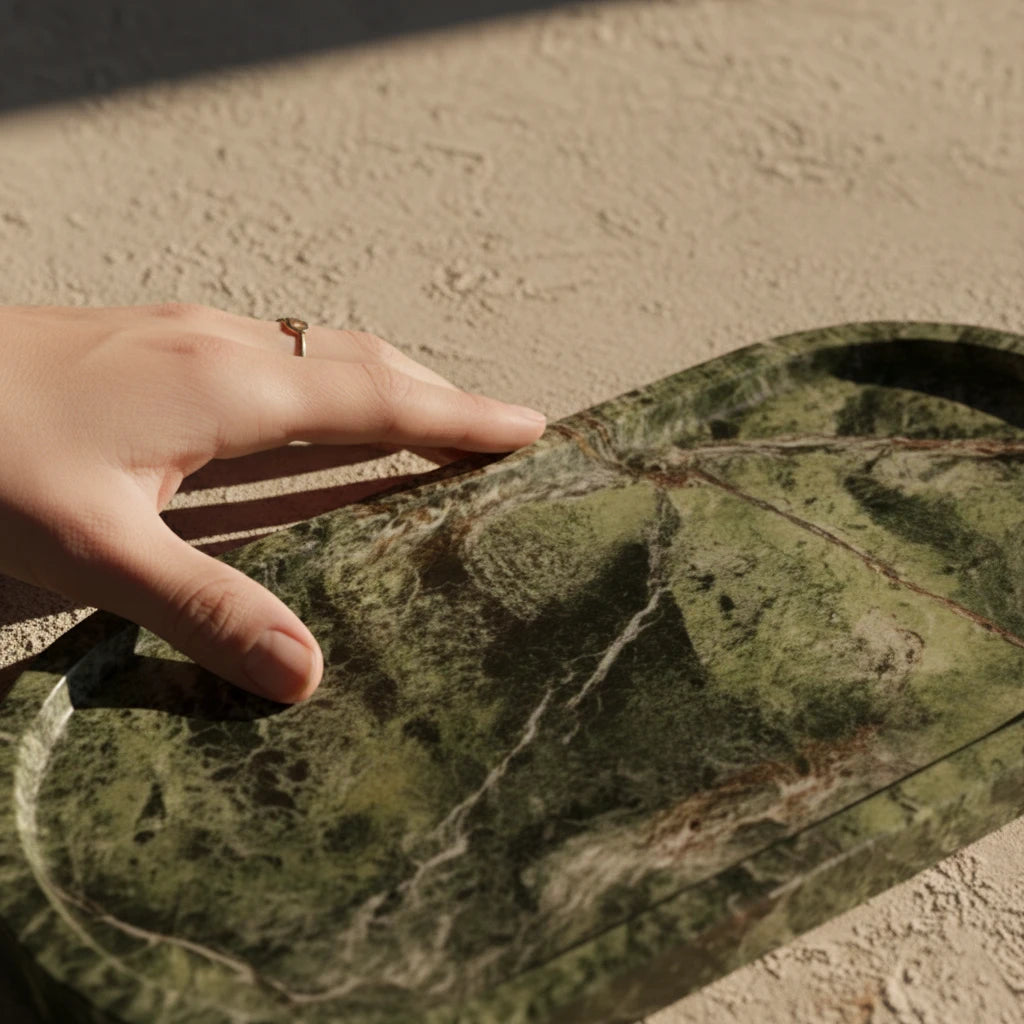 Hand touching Marble Oval Platter green stone tray to show handcrafted scale and size