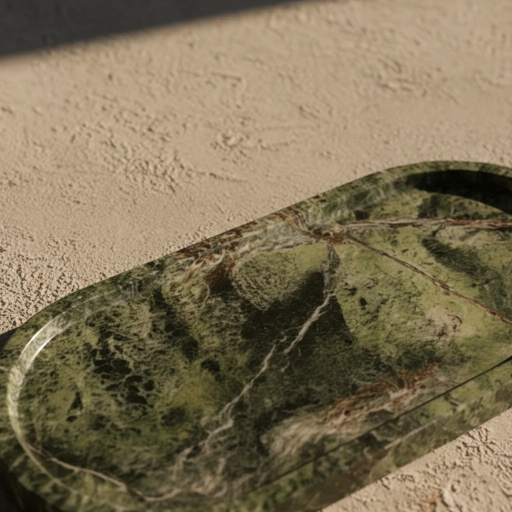 Detailed macro zoom of Marble Oval Platter highlighting the natural green stone texture