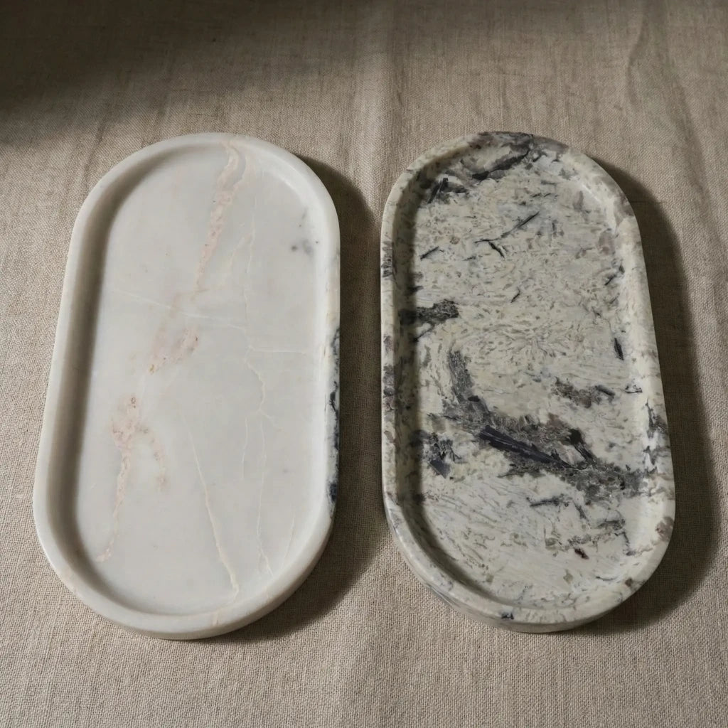 Pair of Marble Oval Trays in white and grey veined natural stone for home decor