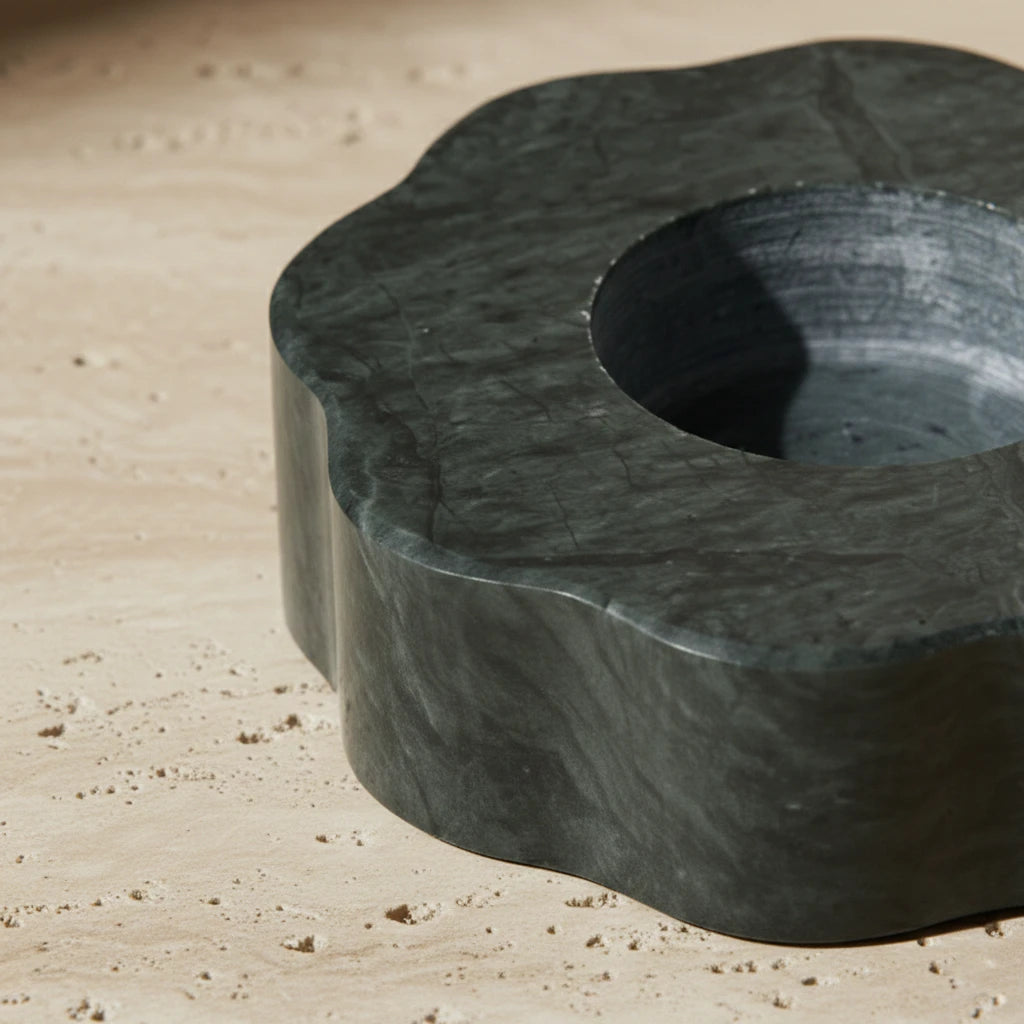 Detailed macro shot of Marble Petal Holder highlighting the dark green natural stone texture
