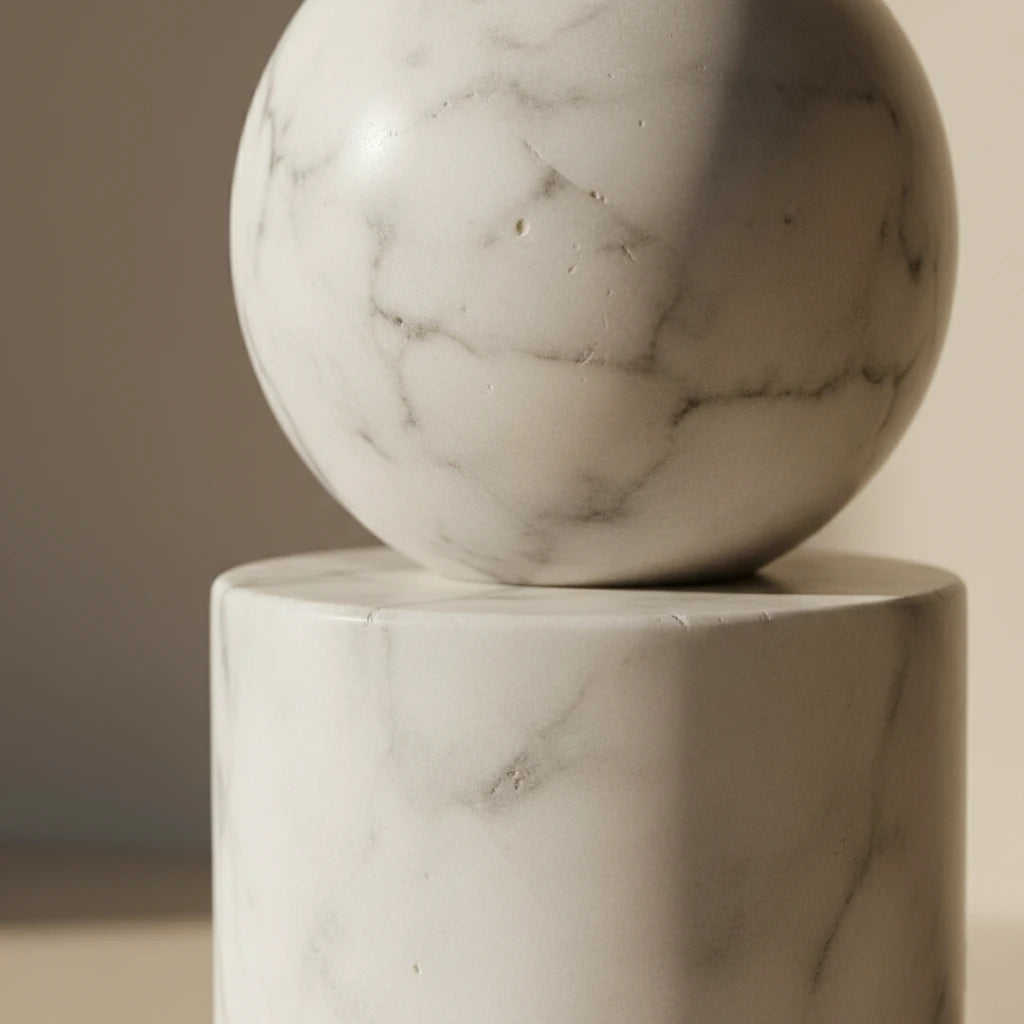 Macro zoom of Marble Pillar Holder highlighting the sphere and cylinder geometric stone design