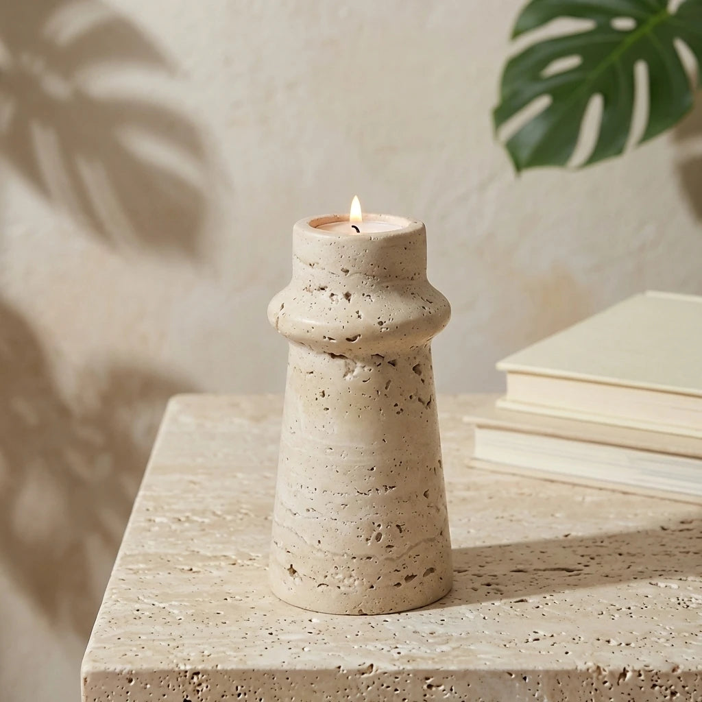 Marble Taper Holder with a burning candle on a stone surface under warm ambient lighting