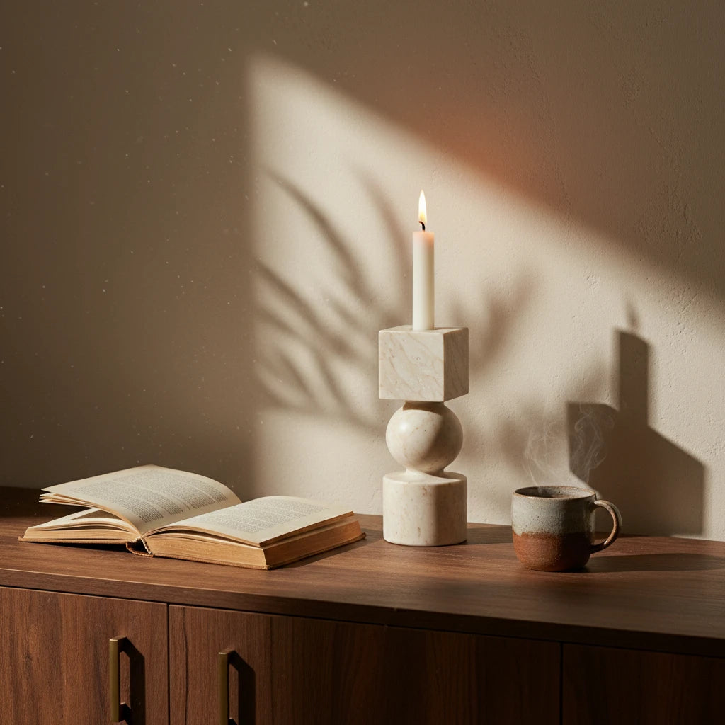 Marble Totem Holder sculptural stone candle pedestal on a wooden desk with books and leaf shadows