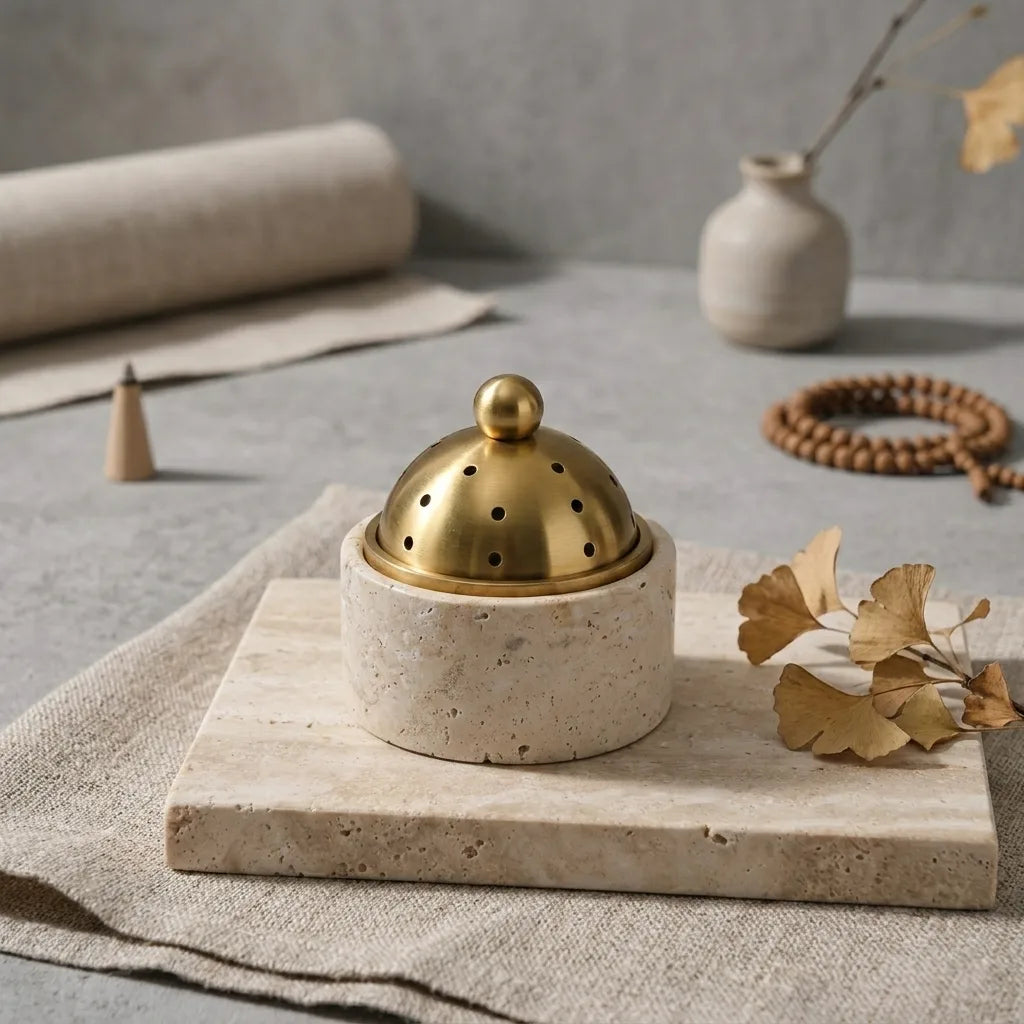 Metallic Core Censer 100% natural travertine stone incense burner with brass lid