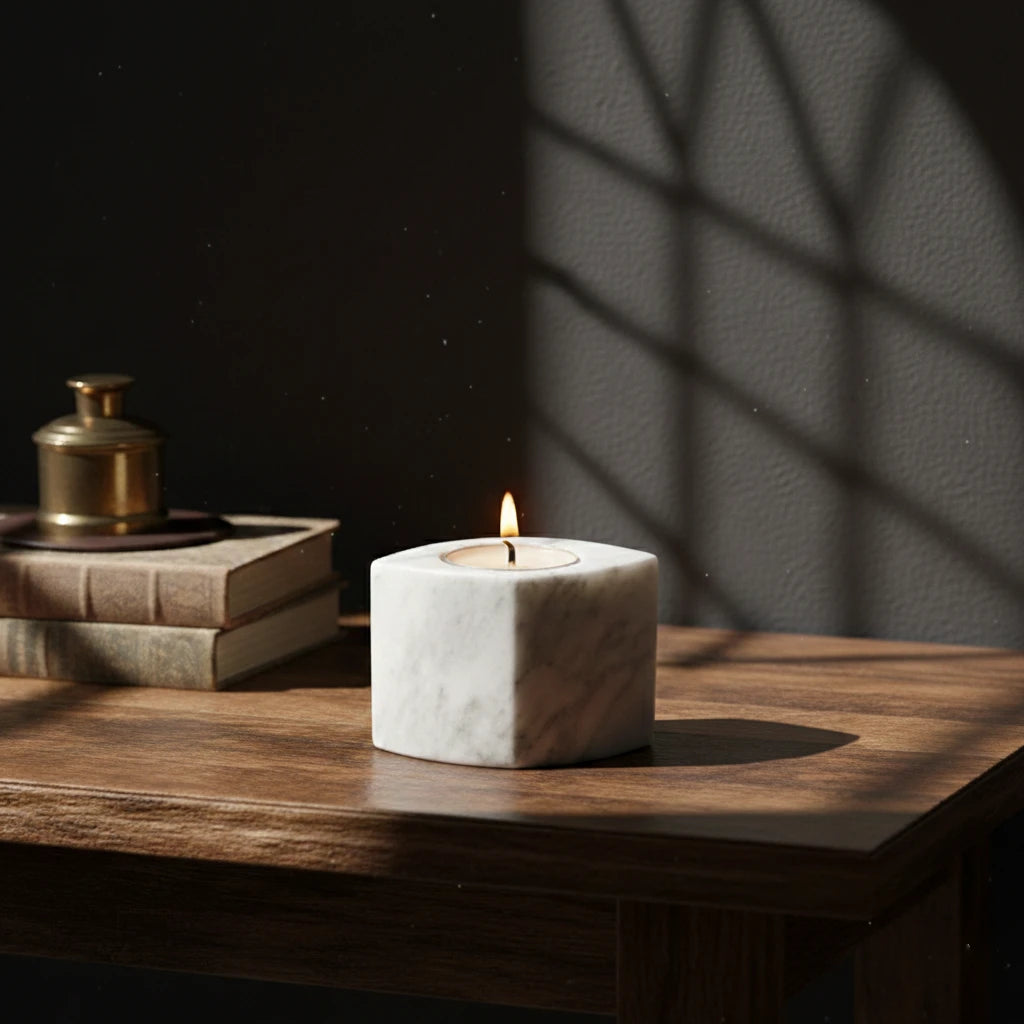 Minimalist Marble Block stone candle holder on a dark wood table with dramatic shadow play