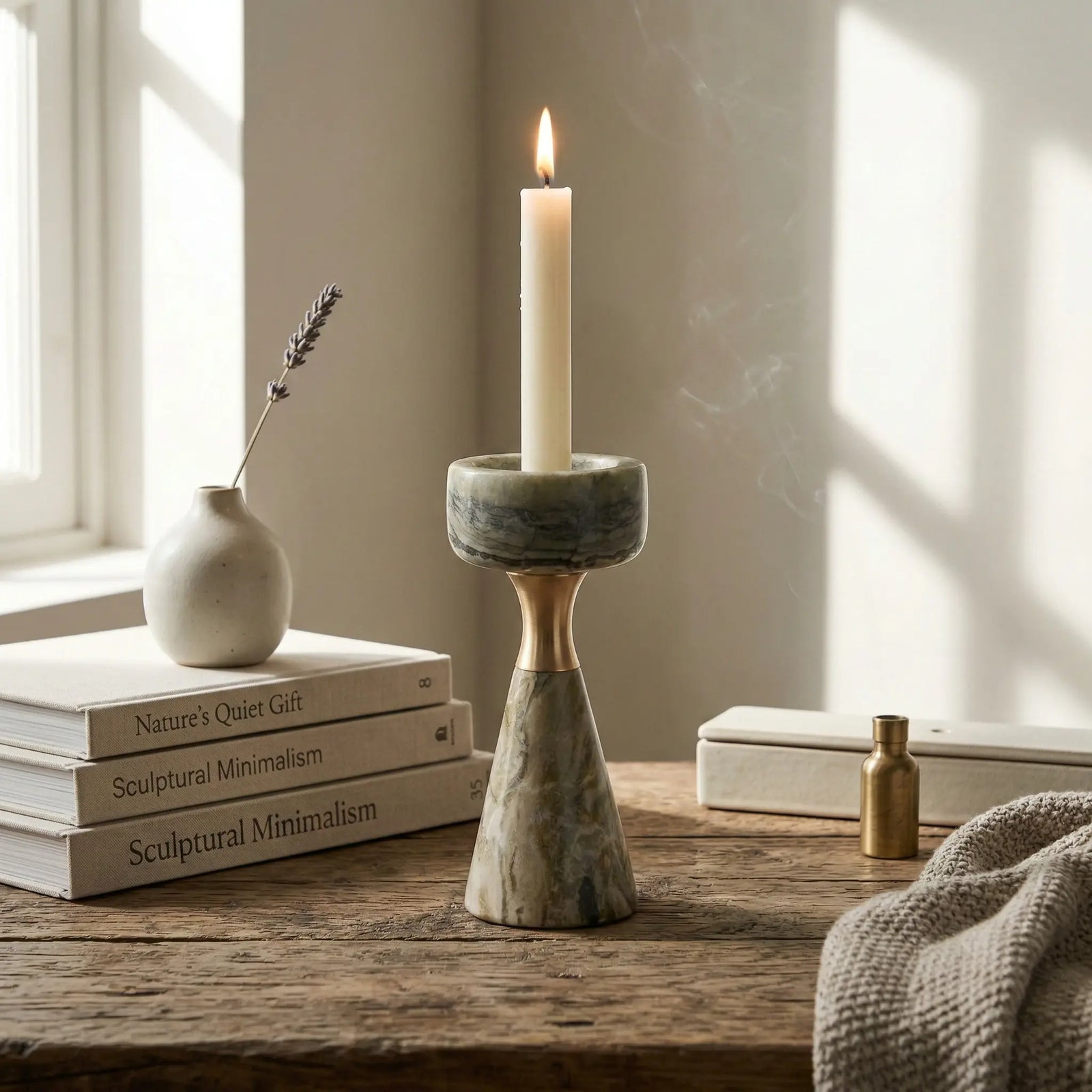 Morandi Monolith Pillar green stone candle holder on a minimalist desk with books and foliage