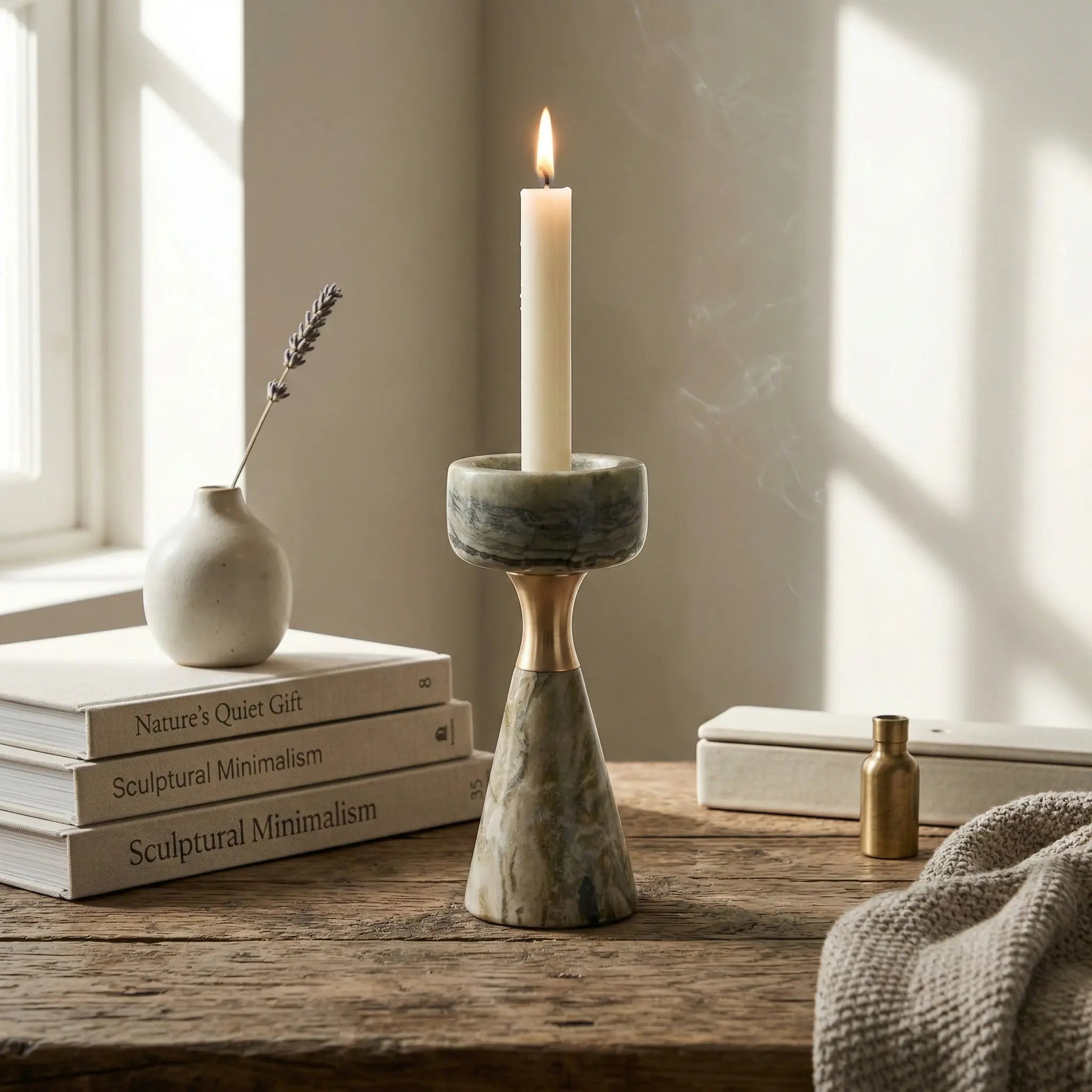 Morandi Monolith Pillar green stone candle holder on a minimalist desk with books and foliage