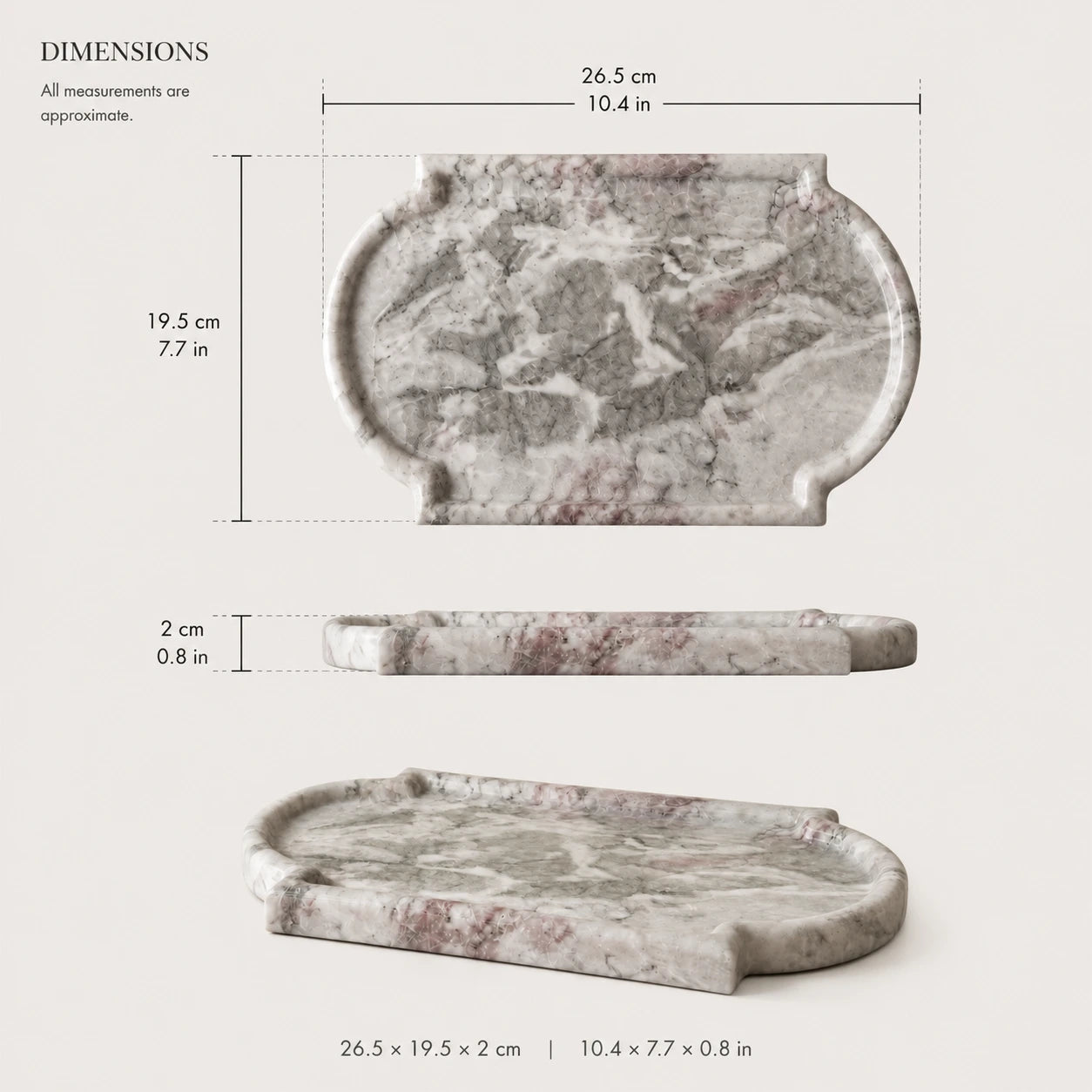 Dimensions of a natural marble tray measuring 26.5 × 19.5 × 2 cm (10.4 × 7.7 × 0.8 in), shown from top, side, and angled views.