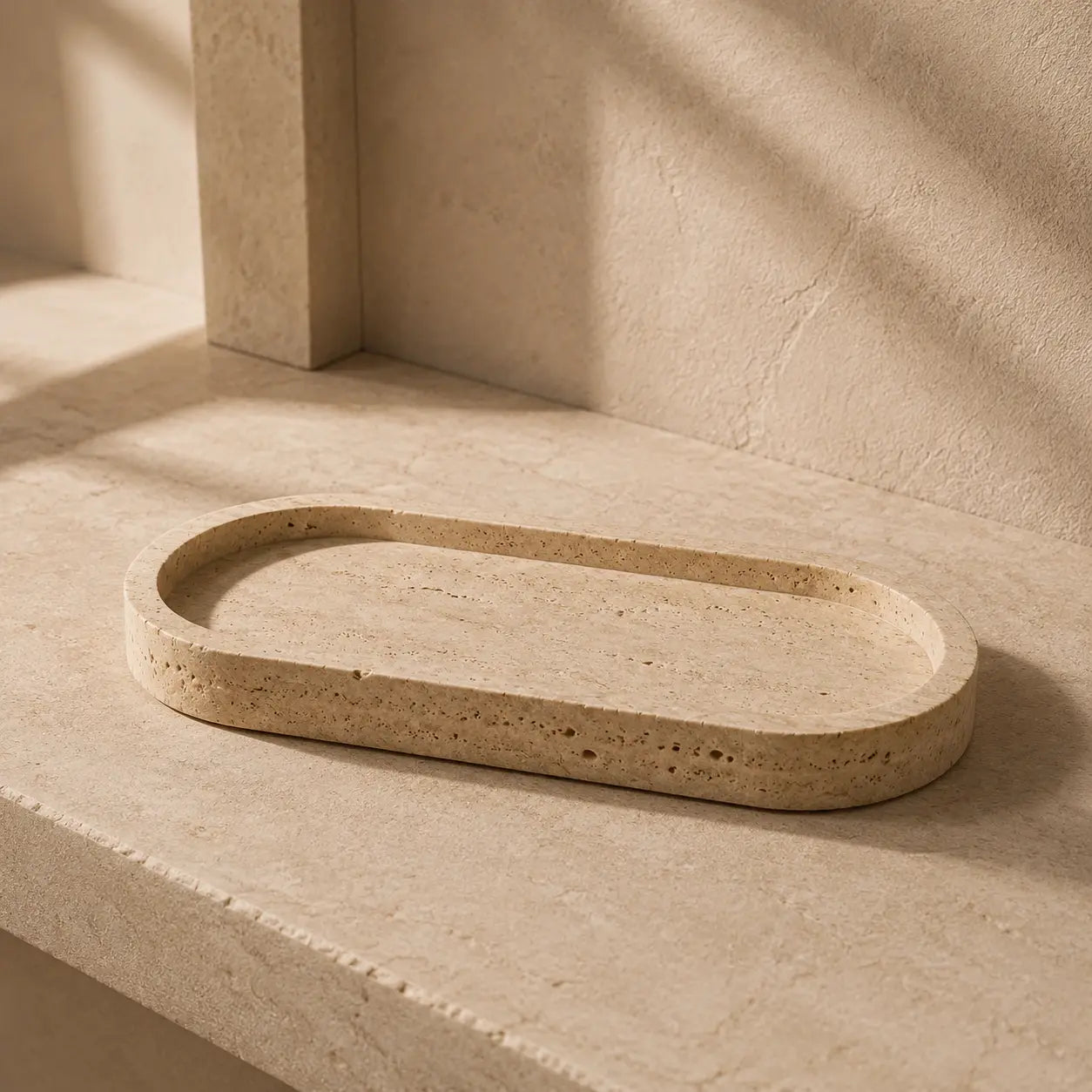 Natural travertine long tray with a low-profile shallow design, flat recessed surface, rounded edges, and authentic porous stone texture in warm beige tones.