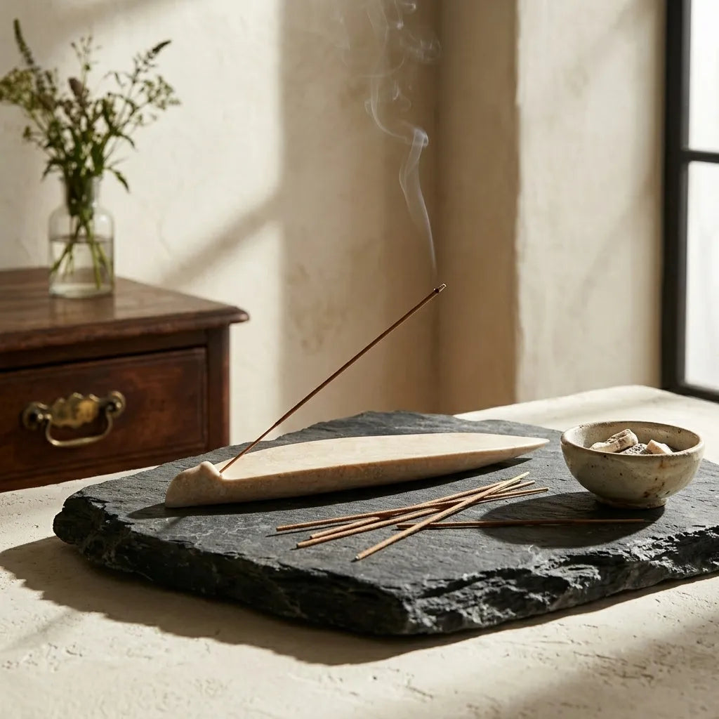 Petrified Leaf Relic 100% natural black stone incense burner on a raw stone slab