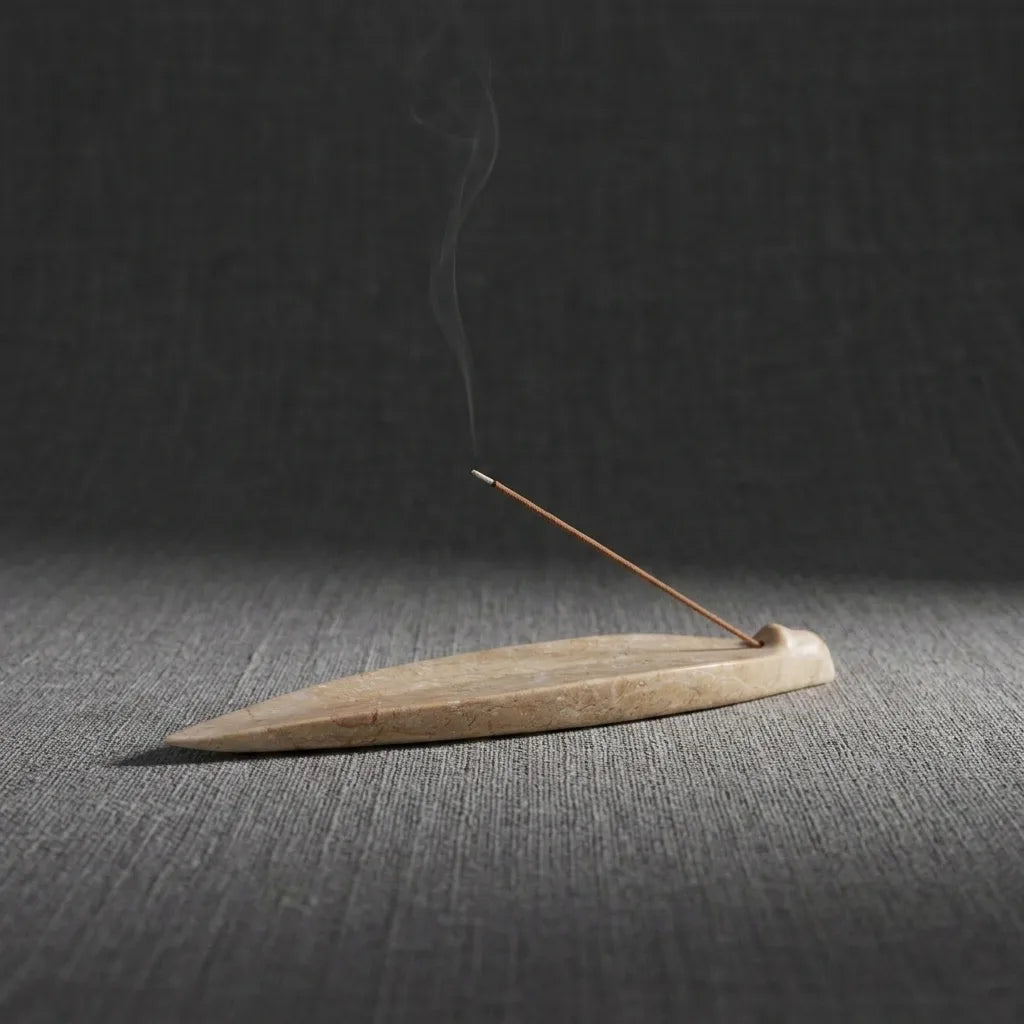 Petrified Leaf Relic grey natural stone incense holder with a minimalist zen aesthetic