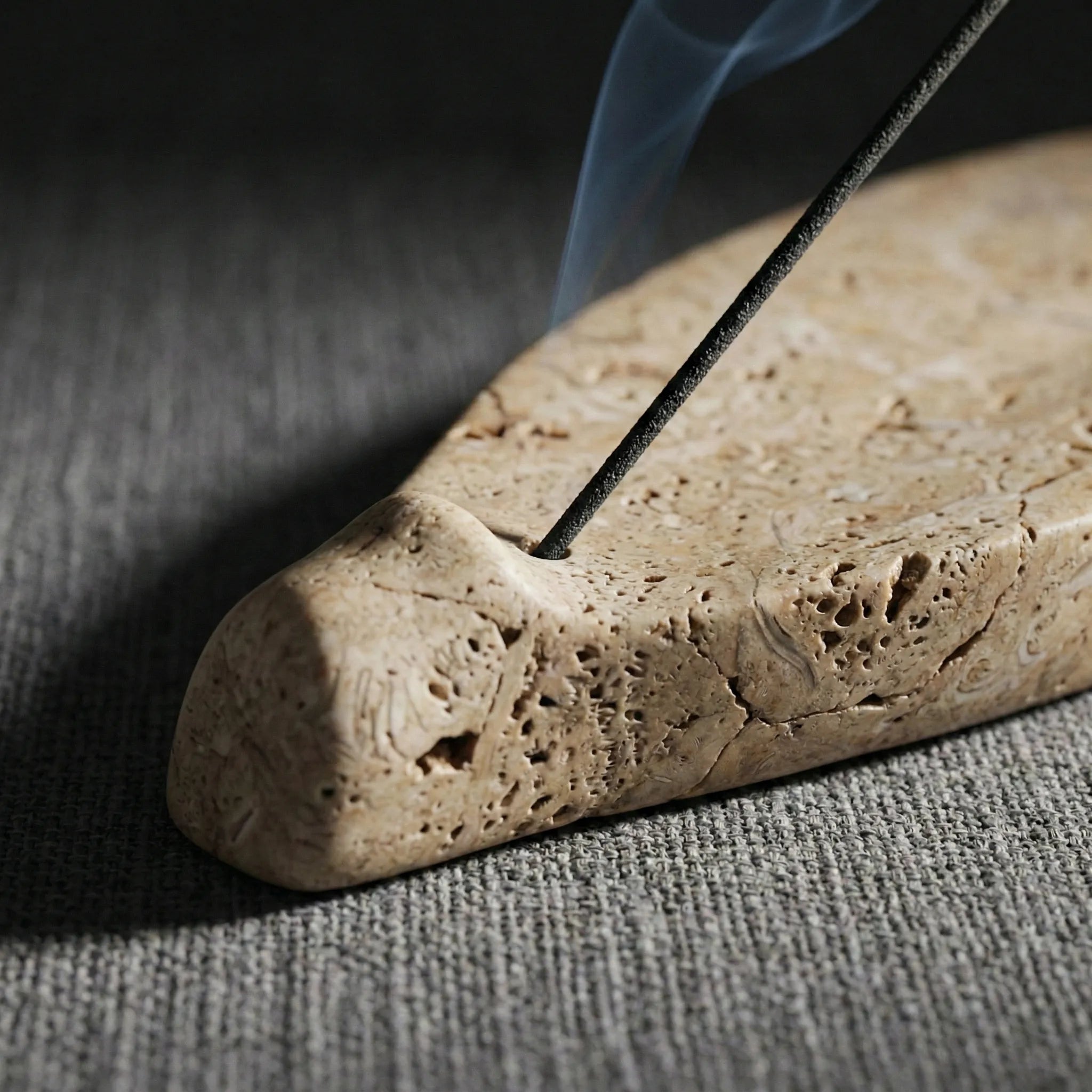 Detailed shot of the incense hole on Petrified Leaf Relic handcrafted natural stone