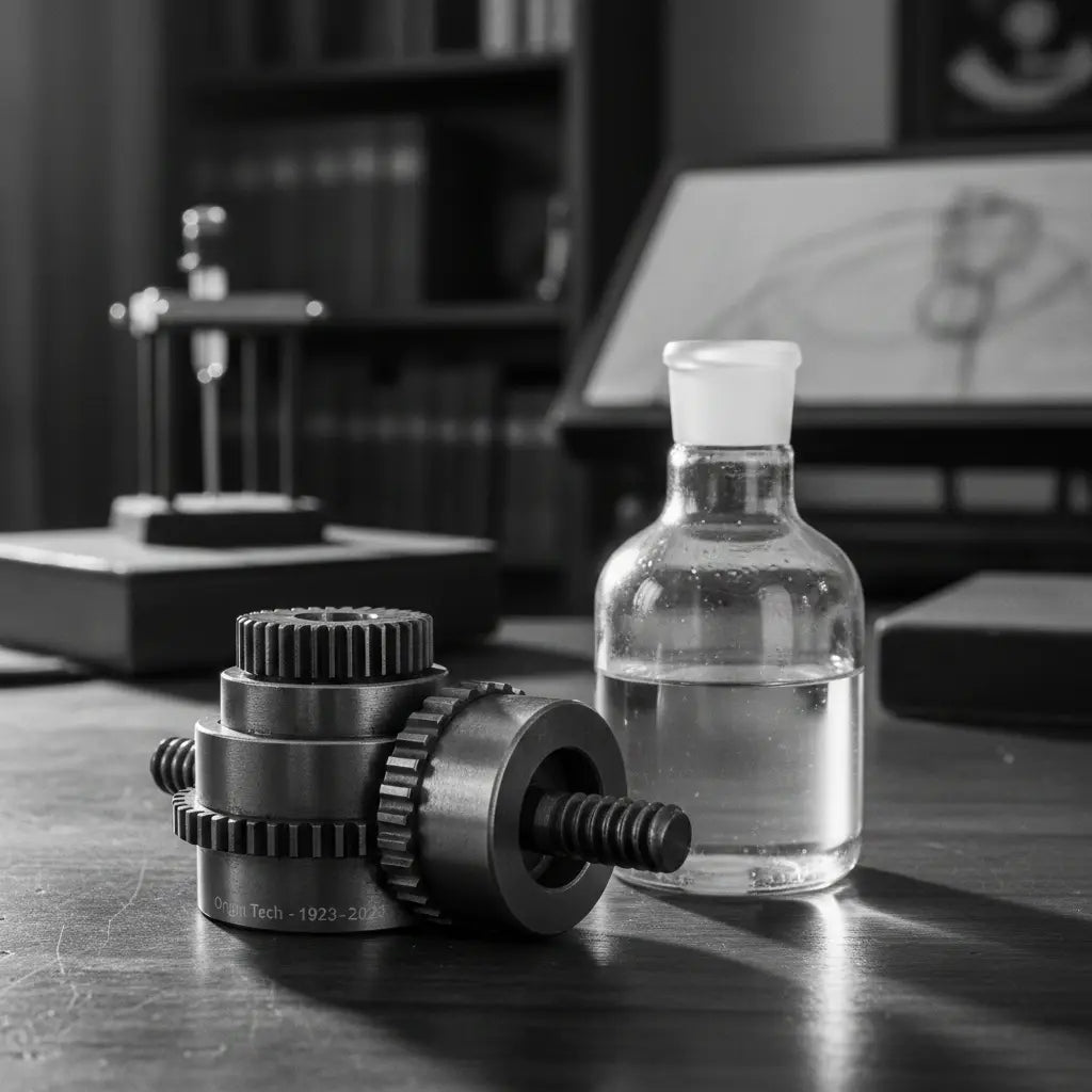 Black-and-white studio table with tools and natural stone objects