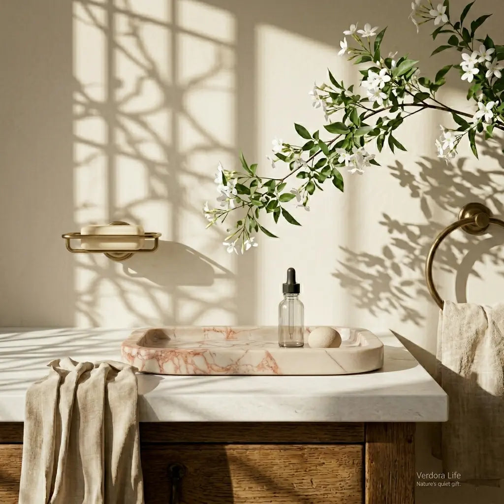 Rose Viola Plateau Stage used as a luxury vanity organizer for skincare and oils in a sunlit bathroom setting.