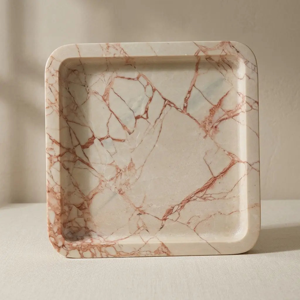 Rose Viola Plateau Stage handcrafted from premium pink and white veined marble stone in a minimalist square shape.