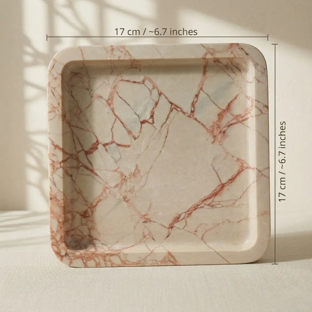 Rose Viola Plateau Stage dimensions guide showing 17cm by 17cm measurements for the square marble tray.