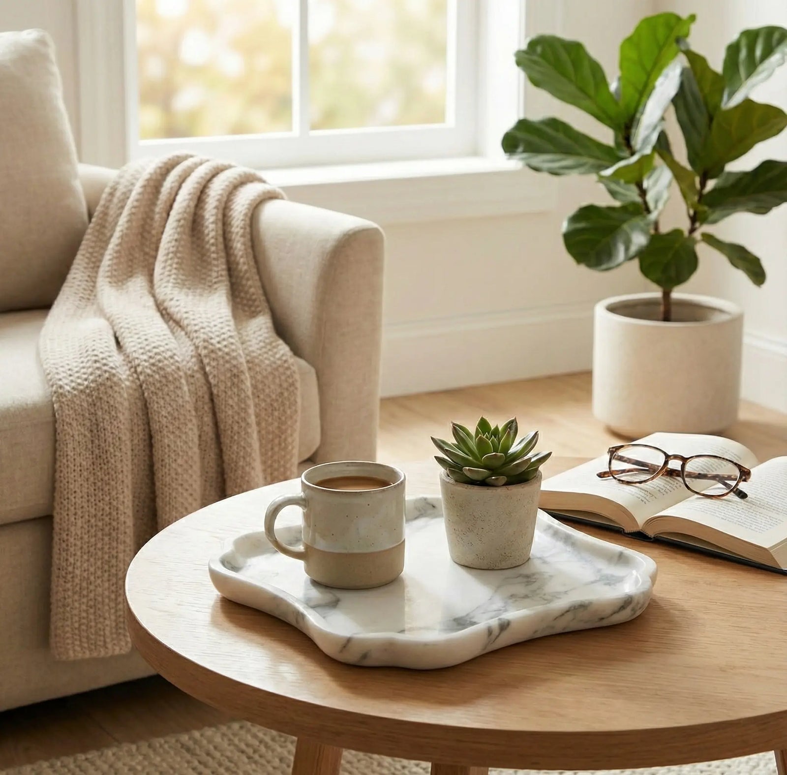 Scalloped Marble Gallery Tray on a wooden coffee table in a modern living room decor setting