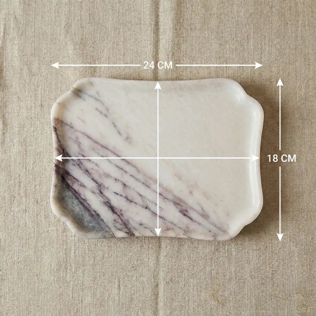 Scalloped Rectangular Marble Platter with precise length and width dimensions guide