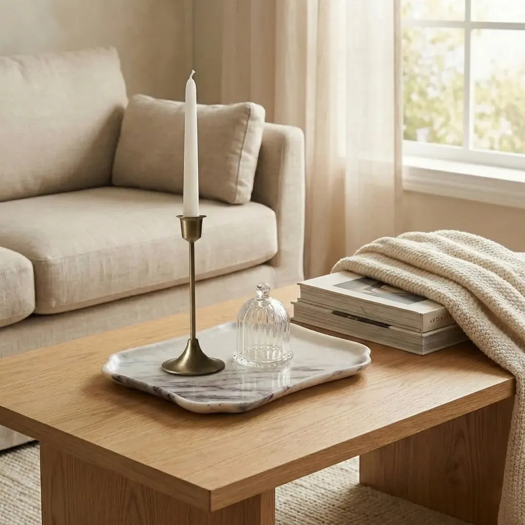Scalloped Rectangular Marble Platter on a coffee table with a candle and books lifestyle scene