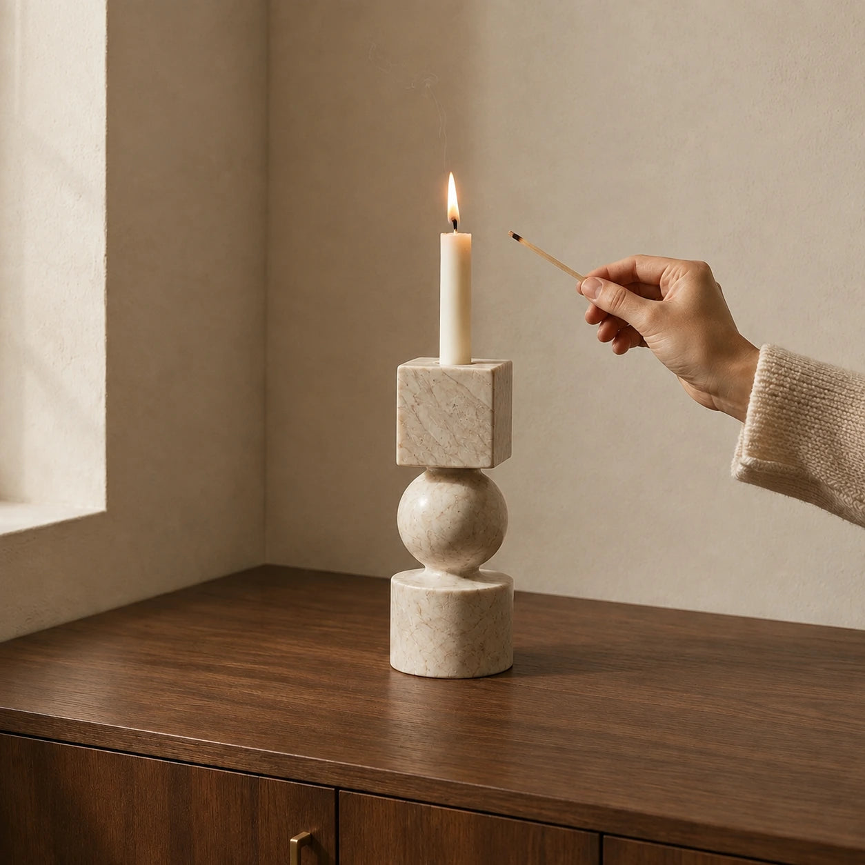 Sculptural marble candle holder with taper candle on a walnut table, shown with a hand for size reference.