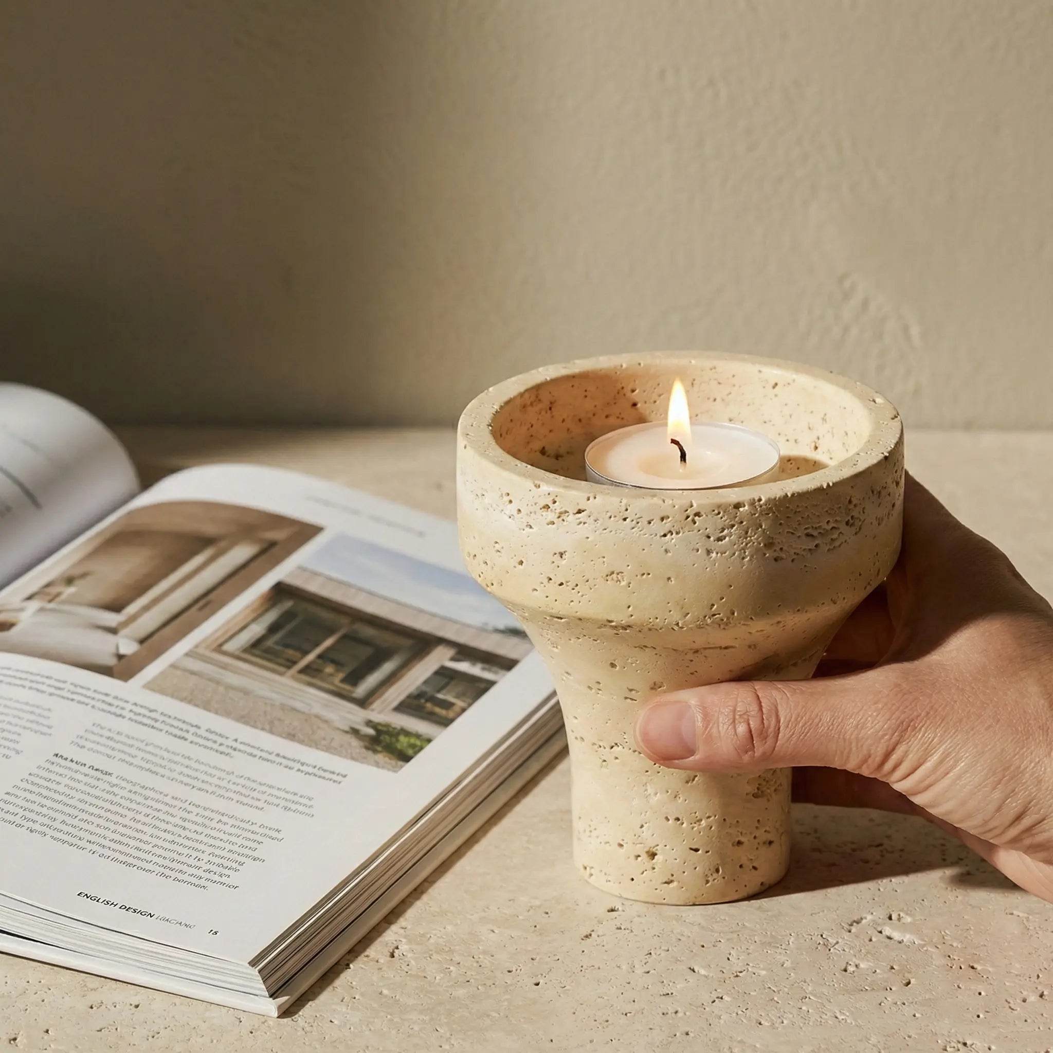 Hand holding Travertine Chalice Holder next to an open book to show its handcrafted stone scale.