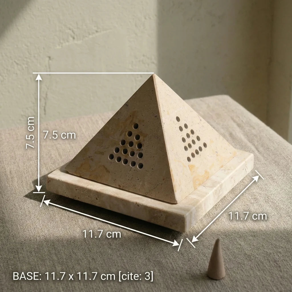 Travertine Core Basin natural stone incense burner with detailed base and pyramid dimensions