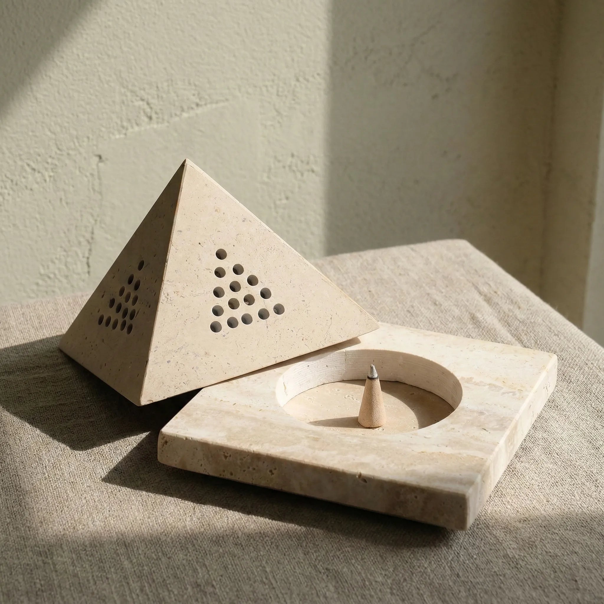 Travertine Core Basin 100% natural stone pyramid incense holder with square base