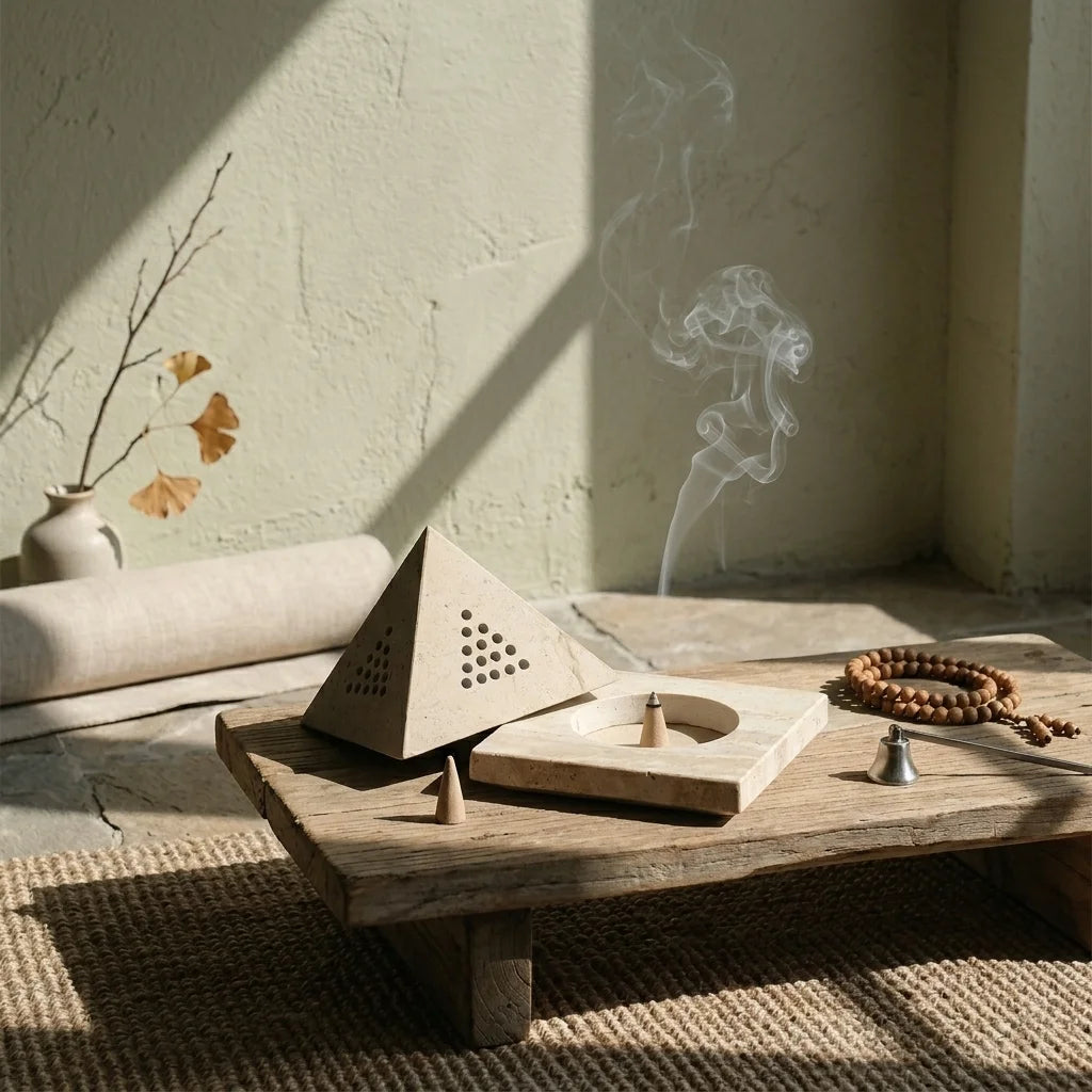 Travertine Core Basin stone incense burner with smoke in a zen lifestyle home decor setting