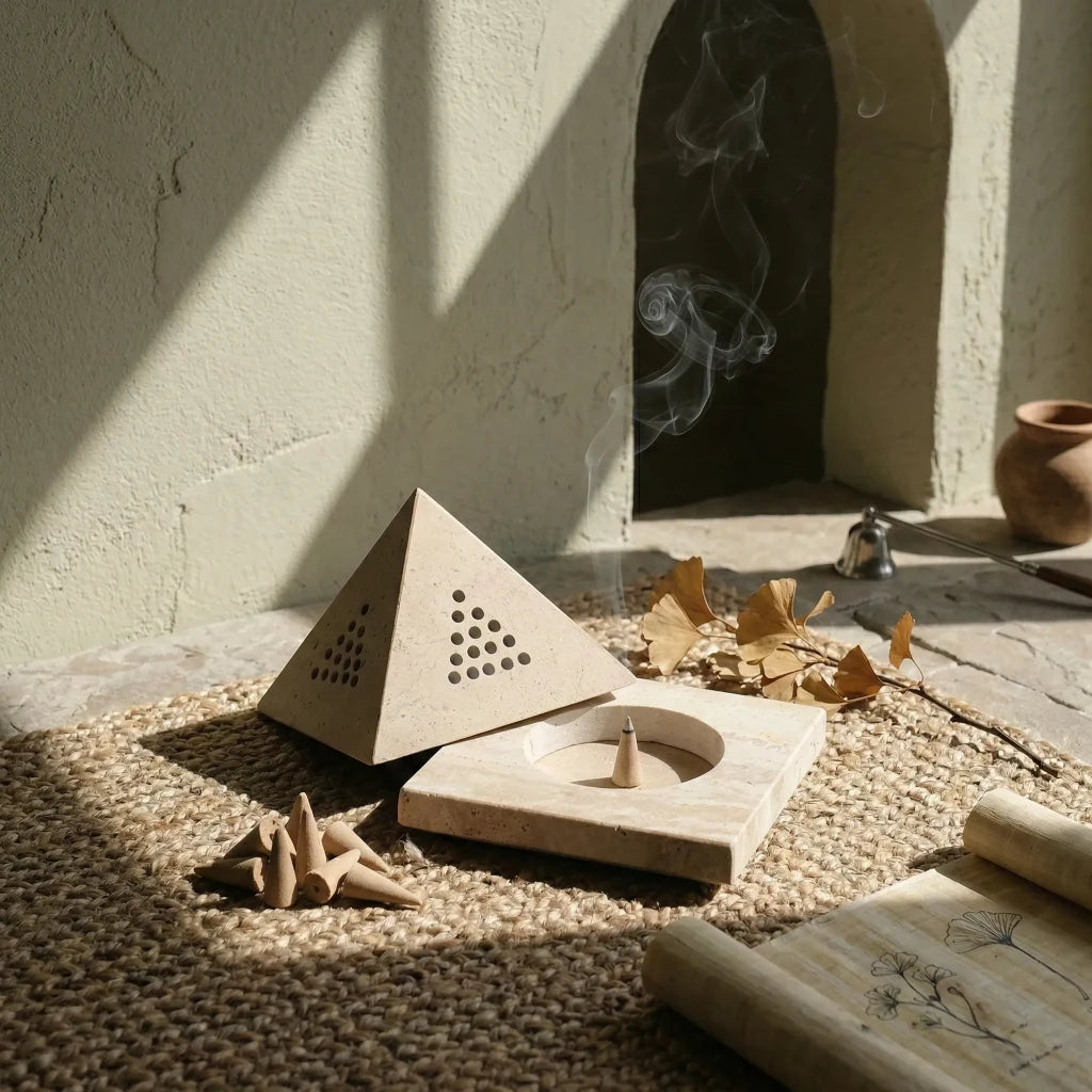 Detailed view of Travertine Core Basin pyramid stone incense holder with geometric holes