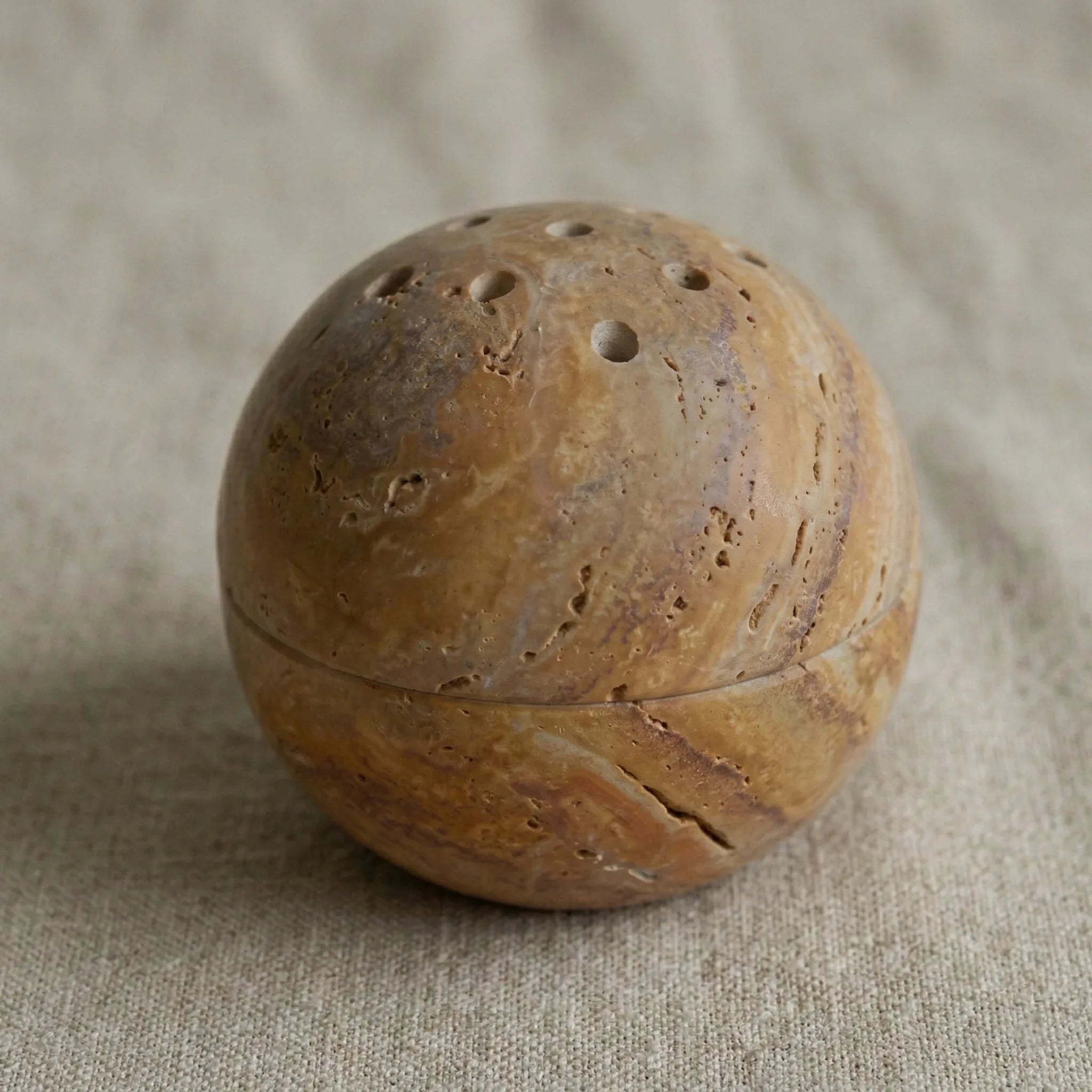 Travertine Core Vessel spherical beige natural stone incense or decorative holder