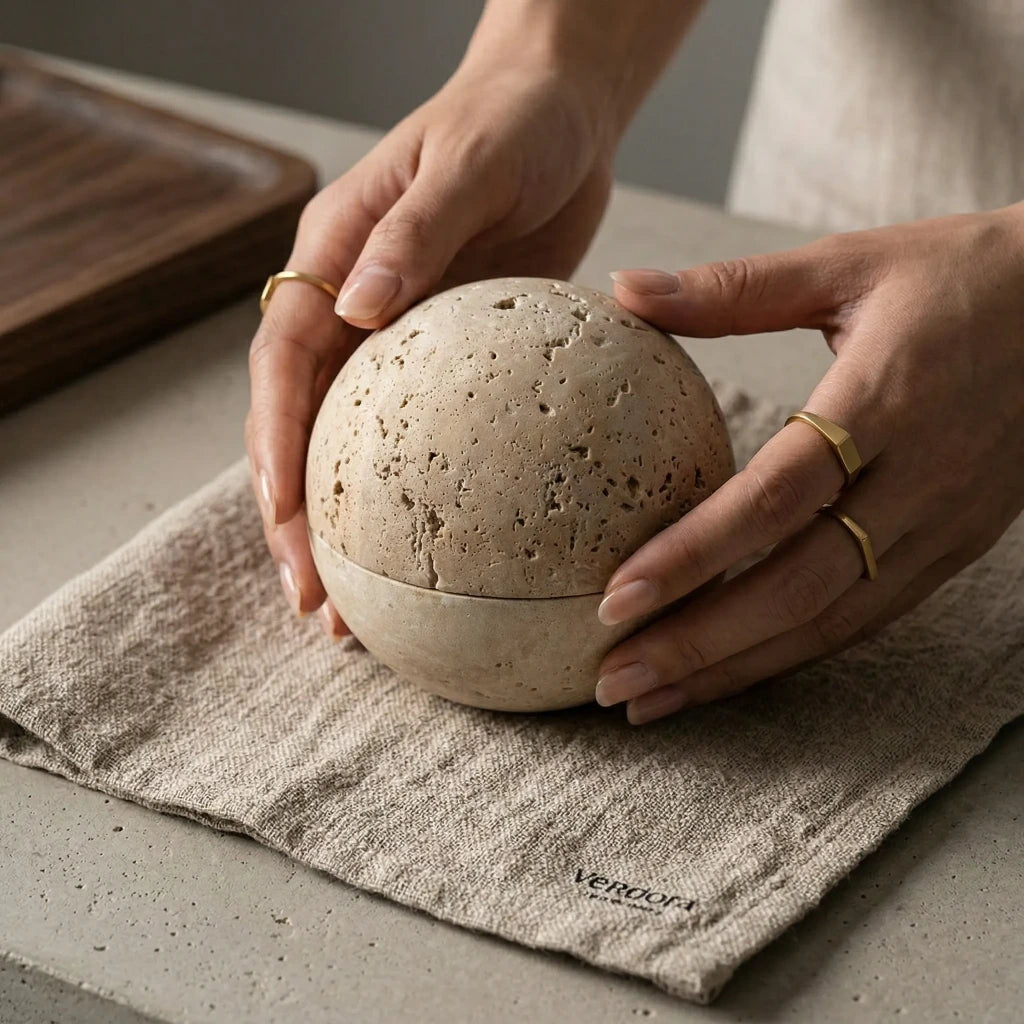 Person placing Travertine Core Vessel stone sphere on a linen cloth for ambient lifestyle