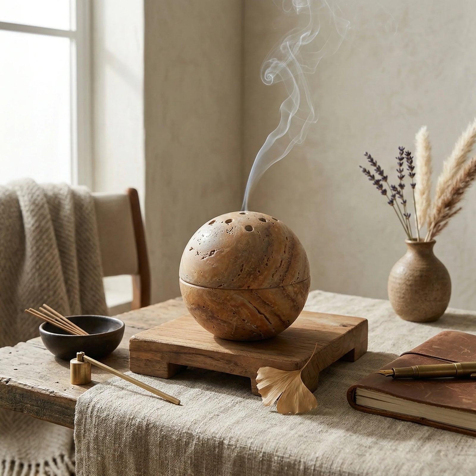 Travertine CTravertine Core Vessel stone incense holder on a rustic wooden table as a tabletop accentore Vessel natural stone incense burner with smoke in a zen home decor setting