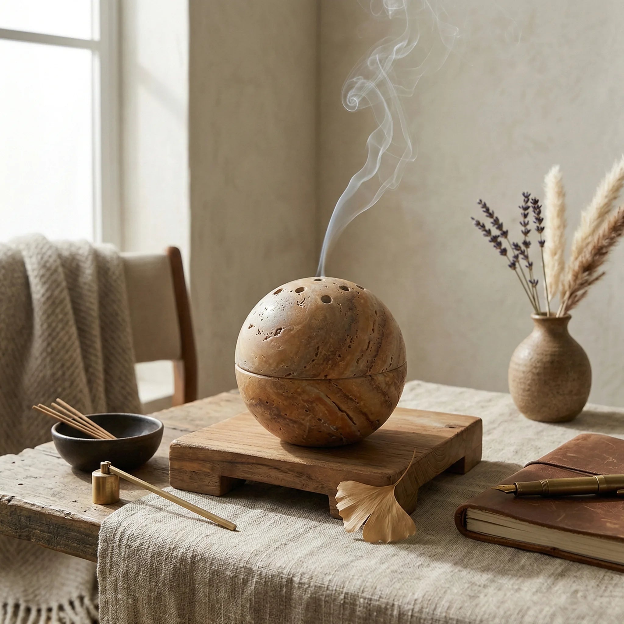 Travertine CTravertine Core Vessel stone incense holder on a rustic wooden table as a tabletop accentore Vessel natural stone incense burner with smoke in a zen home decor setting