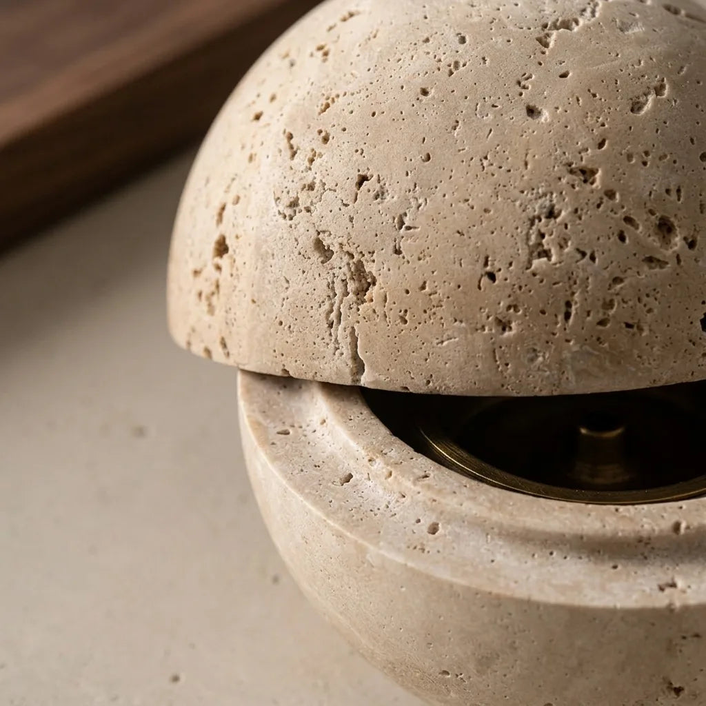 Close-up of the opening detail on Travertine Core Vessel natural beige stone holder