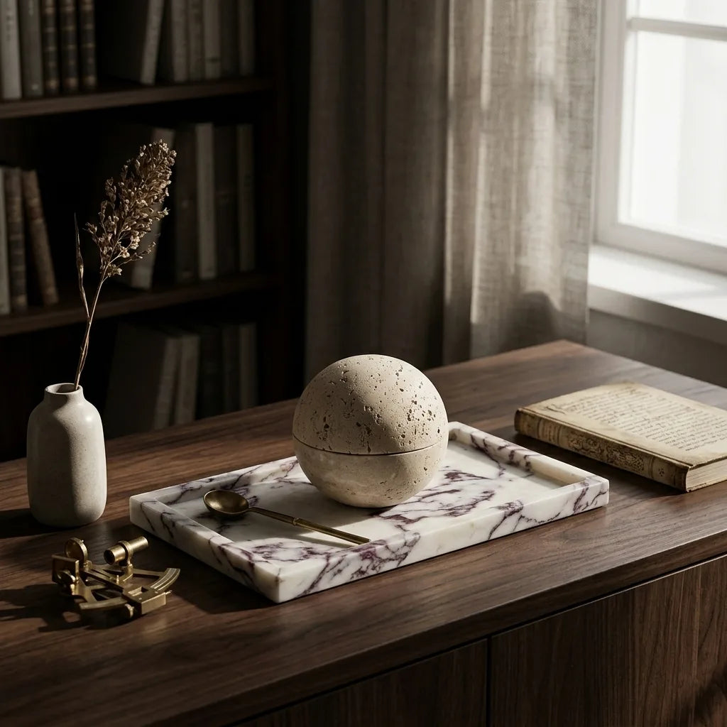 Travertine Core Vessel stone sphere displayed on a white marble tray for home styling