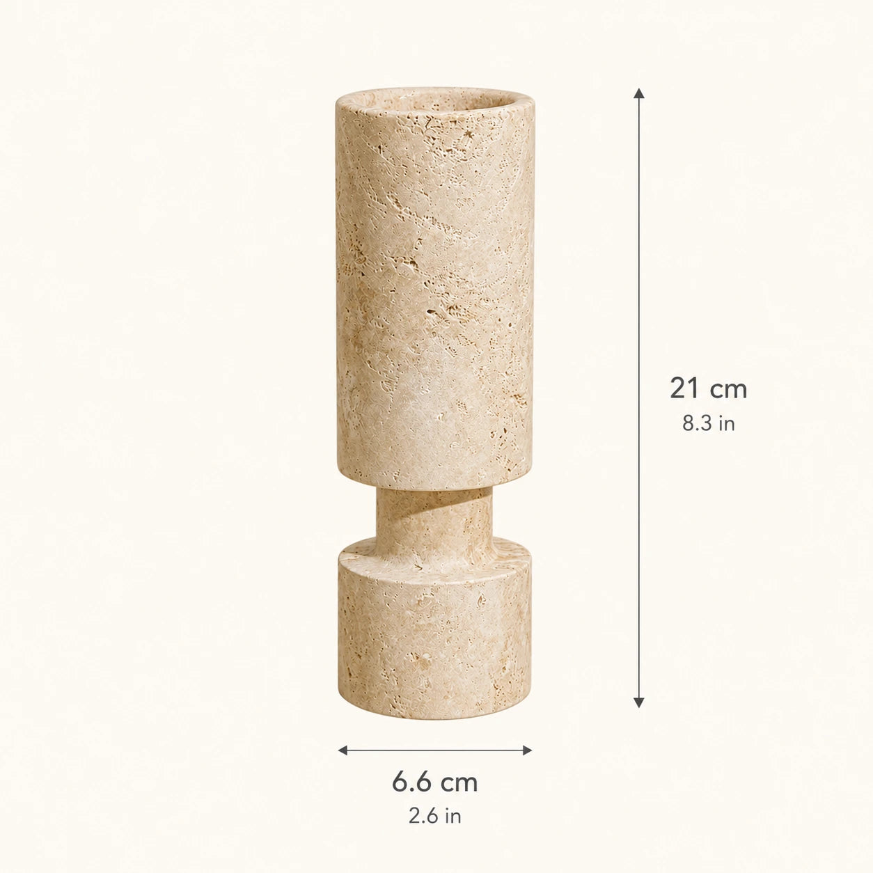 Travertine cylinder candle holder dimensions, 6.6 cm diameter × 21 cm high