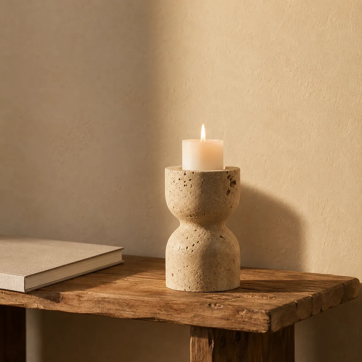 Travertine hourglass pillar candle holder with lit white candle on rustic wood stool 