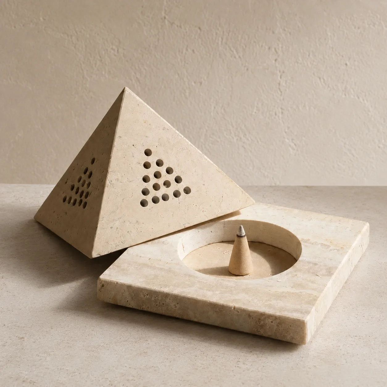 Natural travertine incense holder with geometric stone cover and incense tray