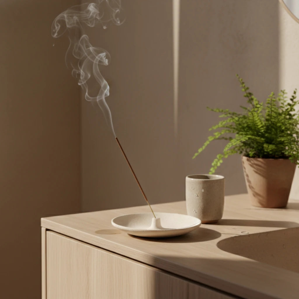 Travertine Incense Tray with a burning stick in a sunlit room for a tranquil lifestyle scene